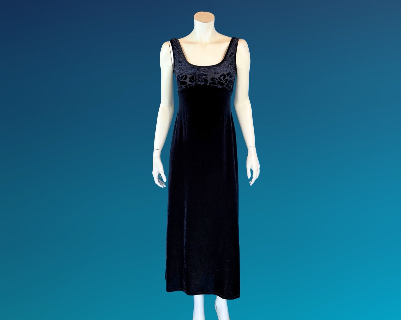 90s Black Cut Velvet Empire Waist Maxi Slip Dress XS