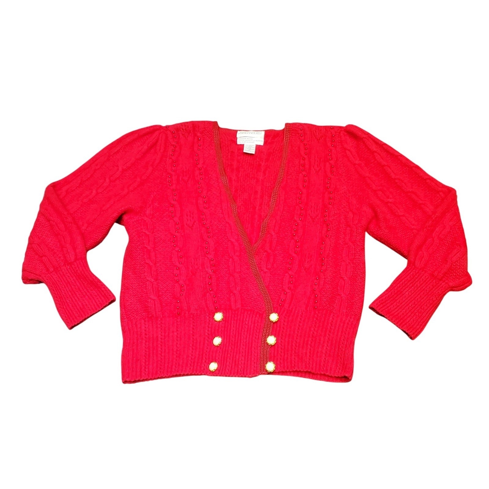 Vtg 90s Side Effects Red Angora Wool Beaded Cardigan Sweater Gold Button Size M