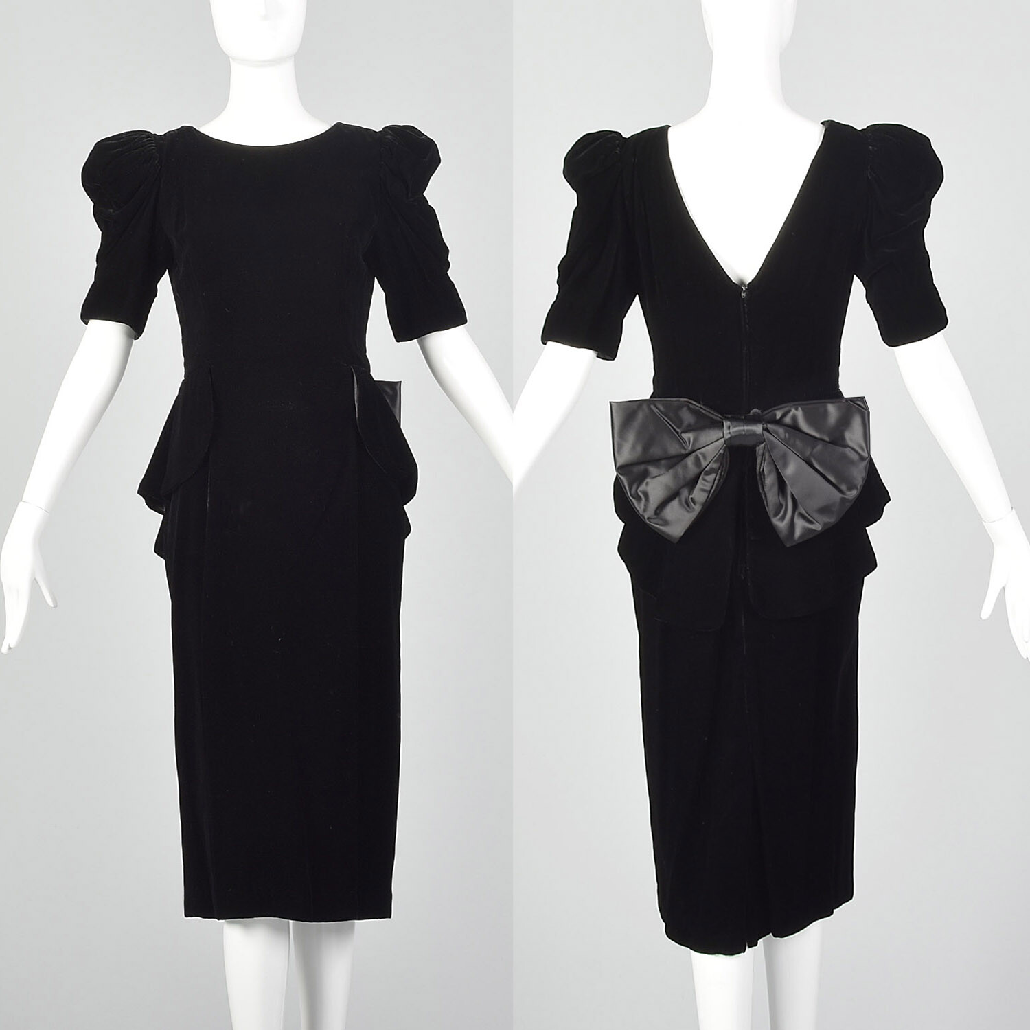 XS 1980s Black Velvet Peplum Dress 80s Does 40s Vintage Puff Sleeve Bow VTG Glam