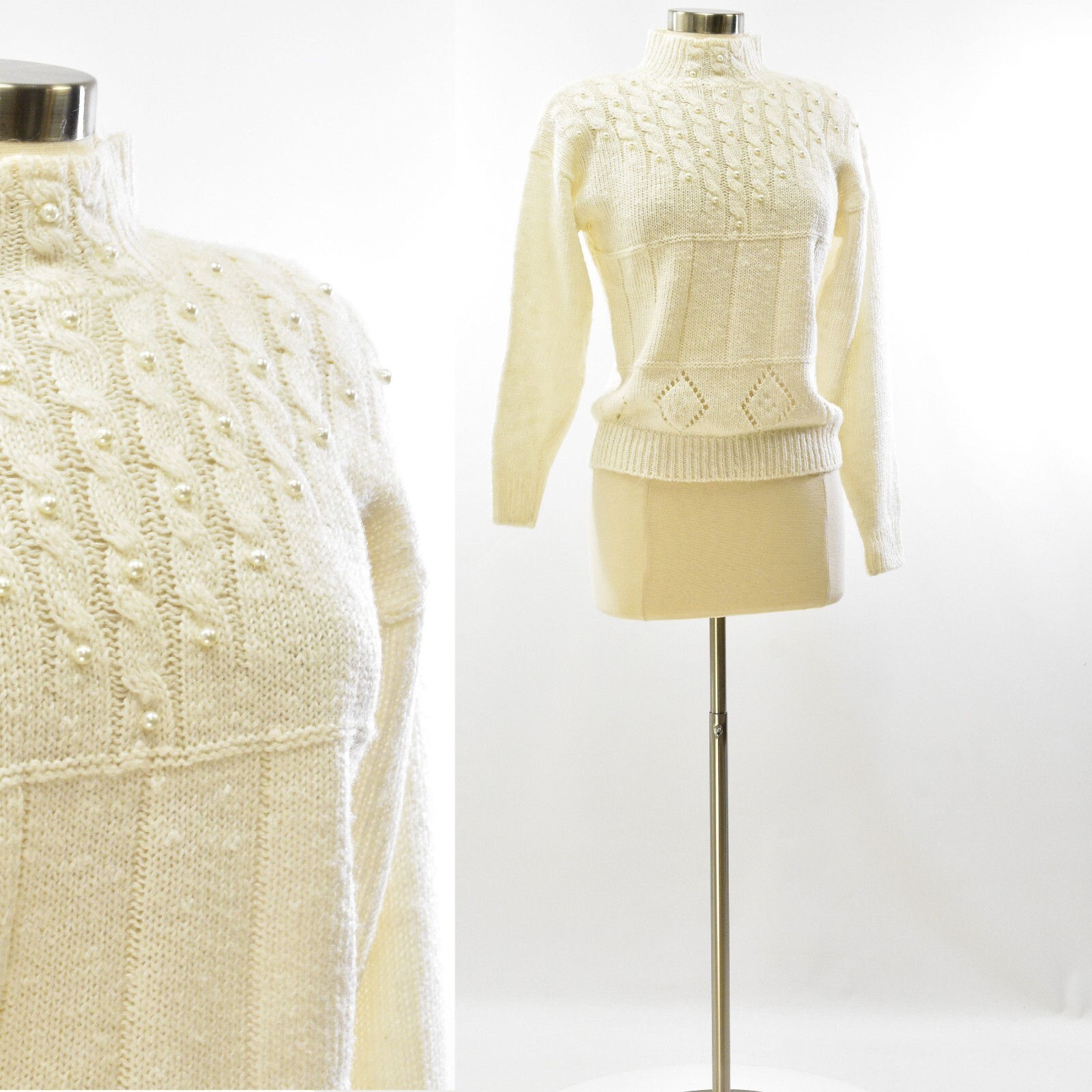 80s Vintage Sweater White Mock Neck Beaded Size M Spice Of Life