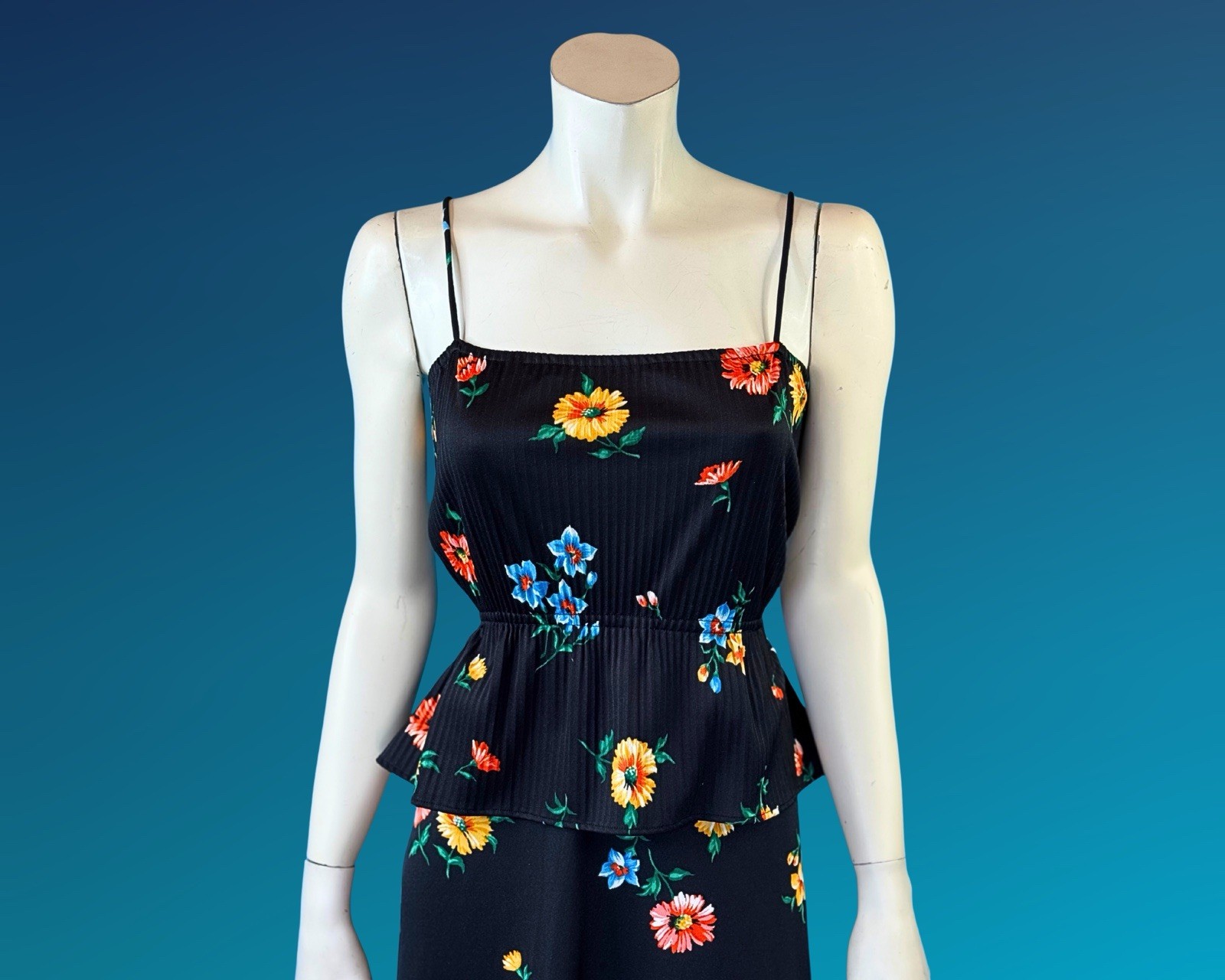 70s Boho Black Floral Print Peplum Maxi Sundress / S XS