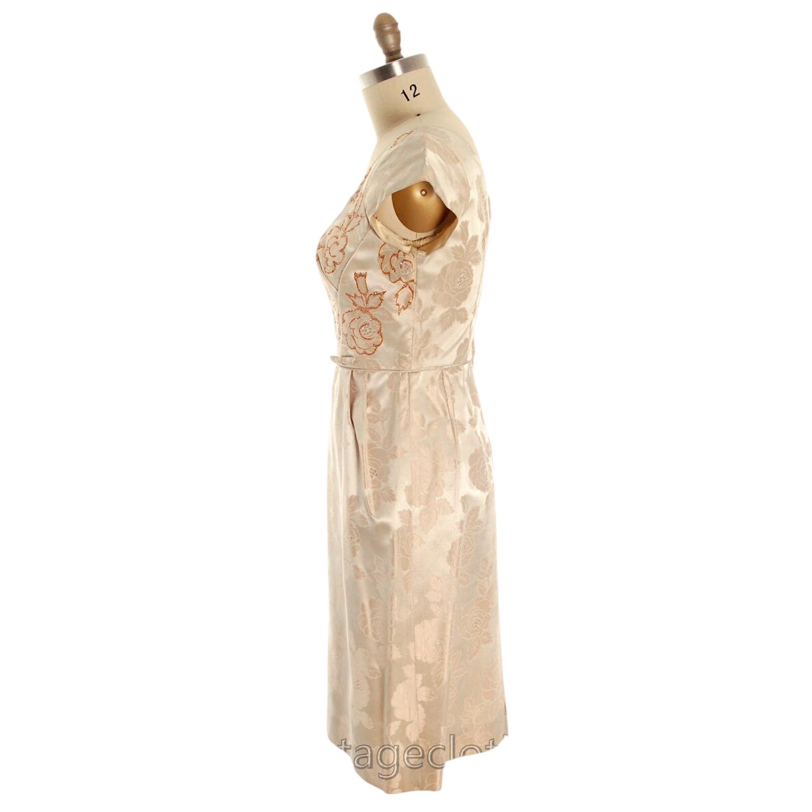 VTG 1950s Beige Damask Bombshell Cocktail Dress Glitter Bodice VLV Hourglass
