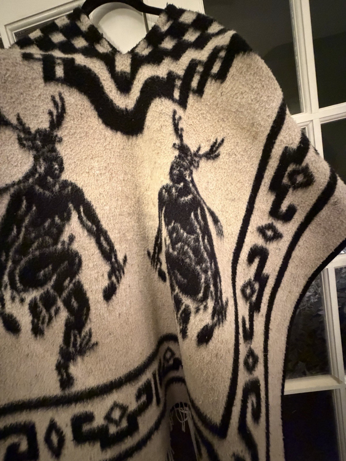 Vintage Reversible Black And White Native Indigenous Wool Poncho