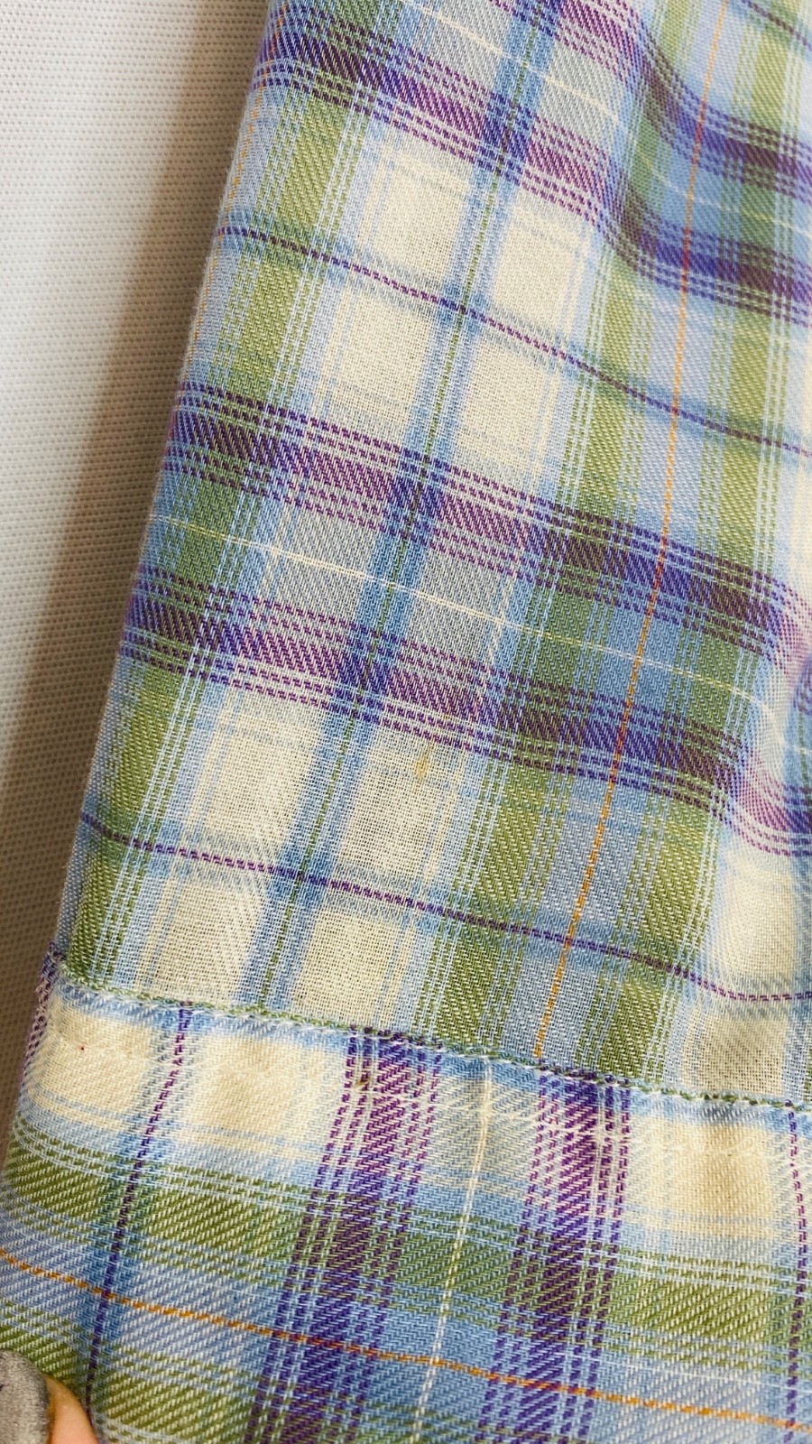 Vintage 1970s purple plaid blouse L ruffle long sleeve white green Victorian