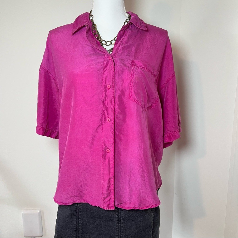 Sunny Leigh 100% Pure Silk Vintage 90s/Y2K Barbie Pink Short Sleeve Blouse 🌺🎀
