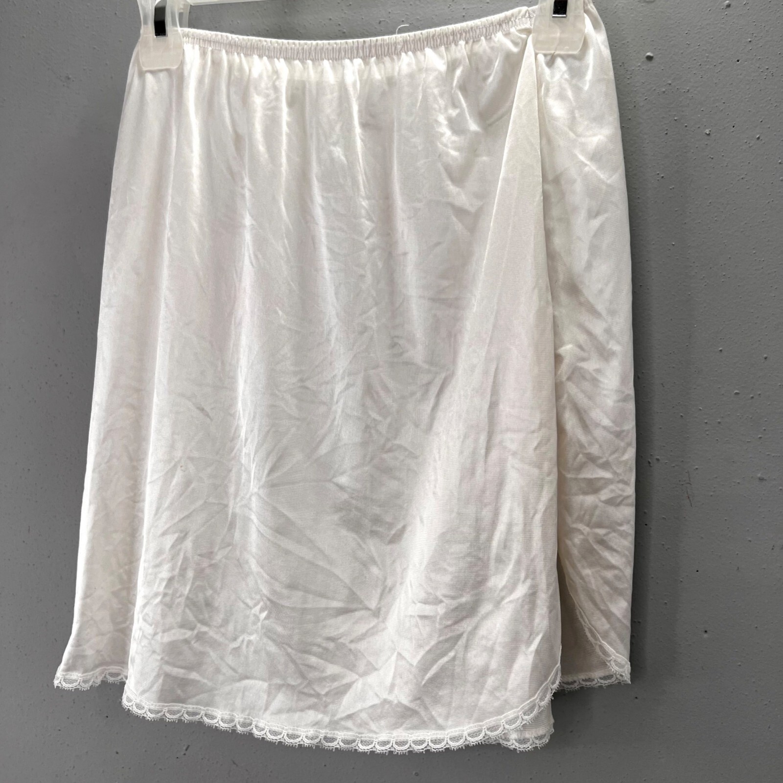 Vintage Half Slip White Satin Lace Trim size S M Elastic Waist Side Slit FLAW