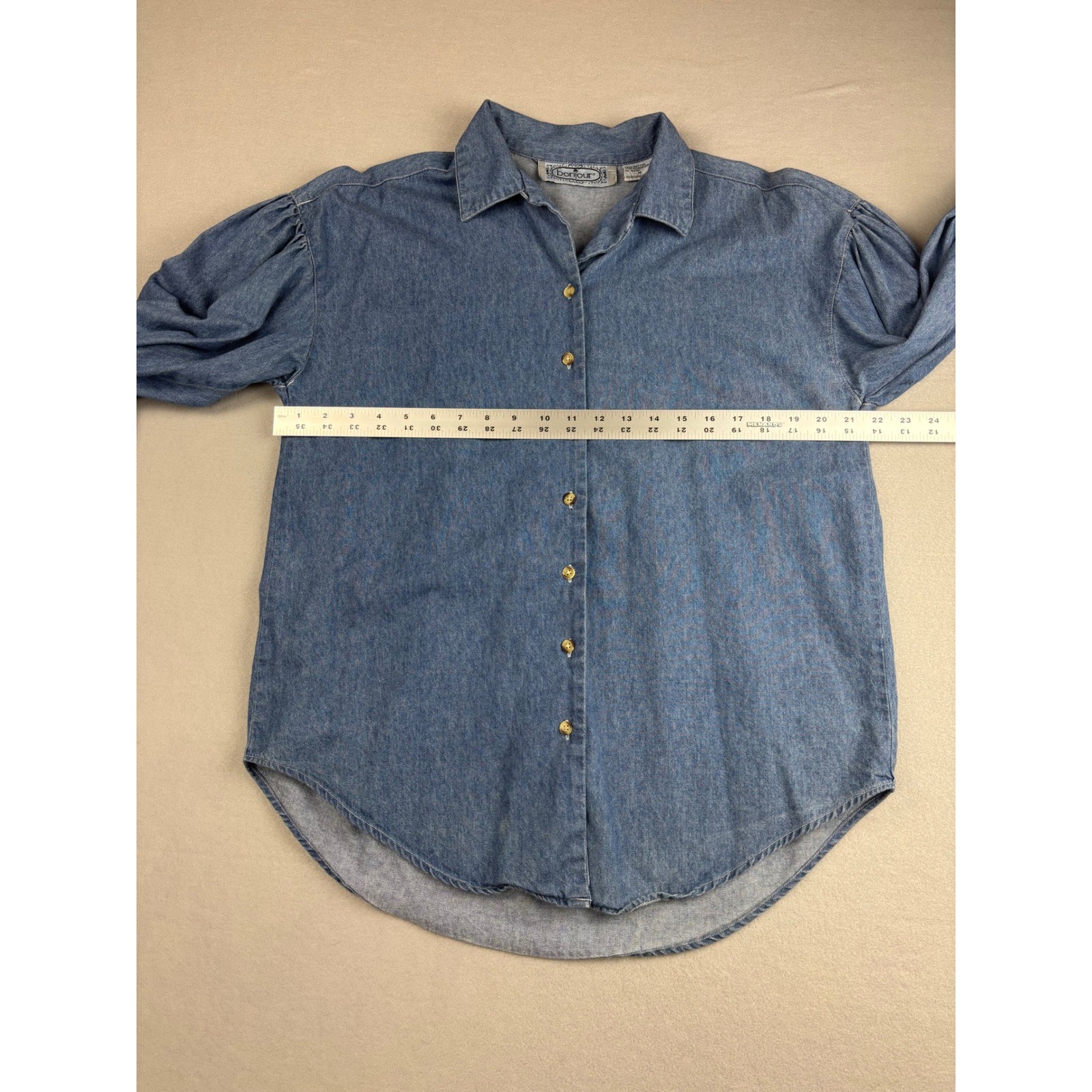 Vintage Bonjour Denim Button Down Shirt Medium Puff Sleeve Pleated Back