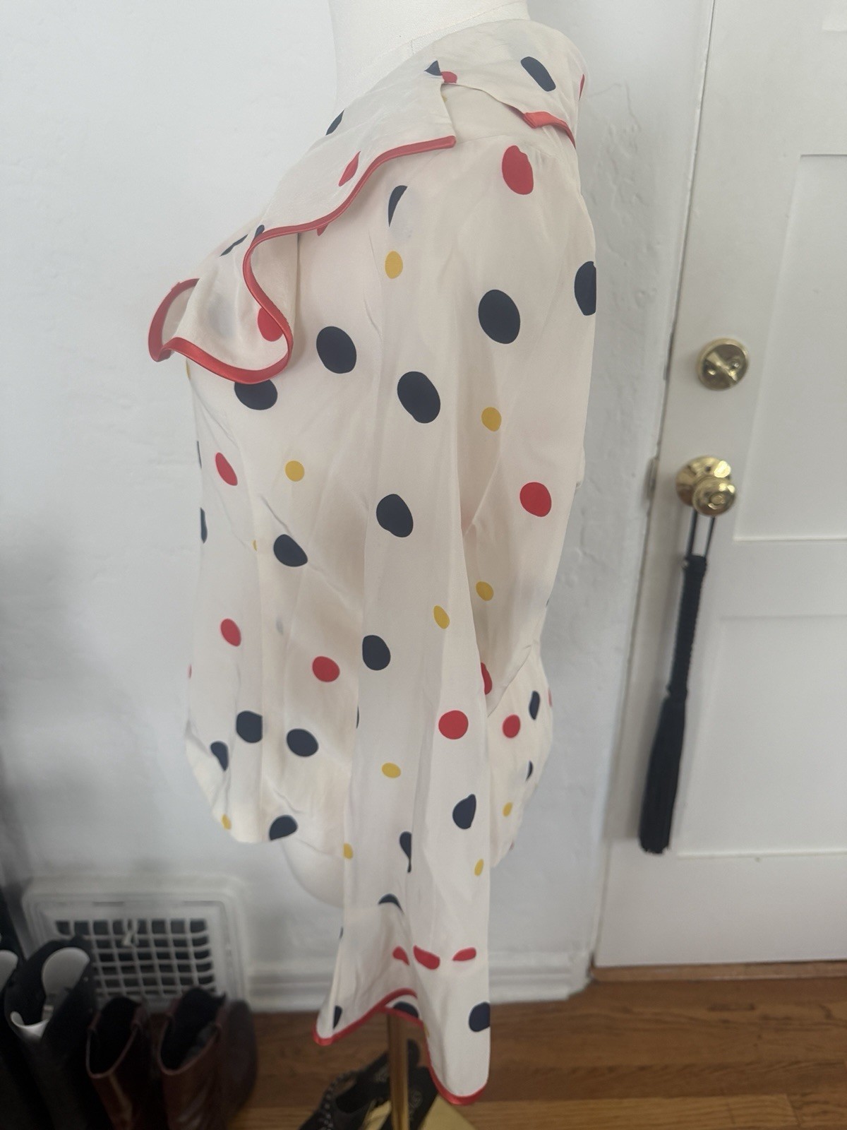 Vintage 1970s–80s Silk Polka Dot Blouse | Bell Sleeves & Ribbon Trim