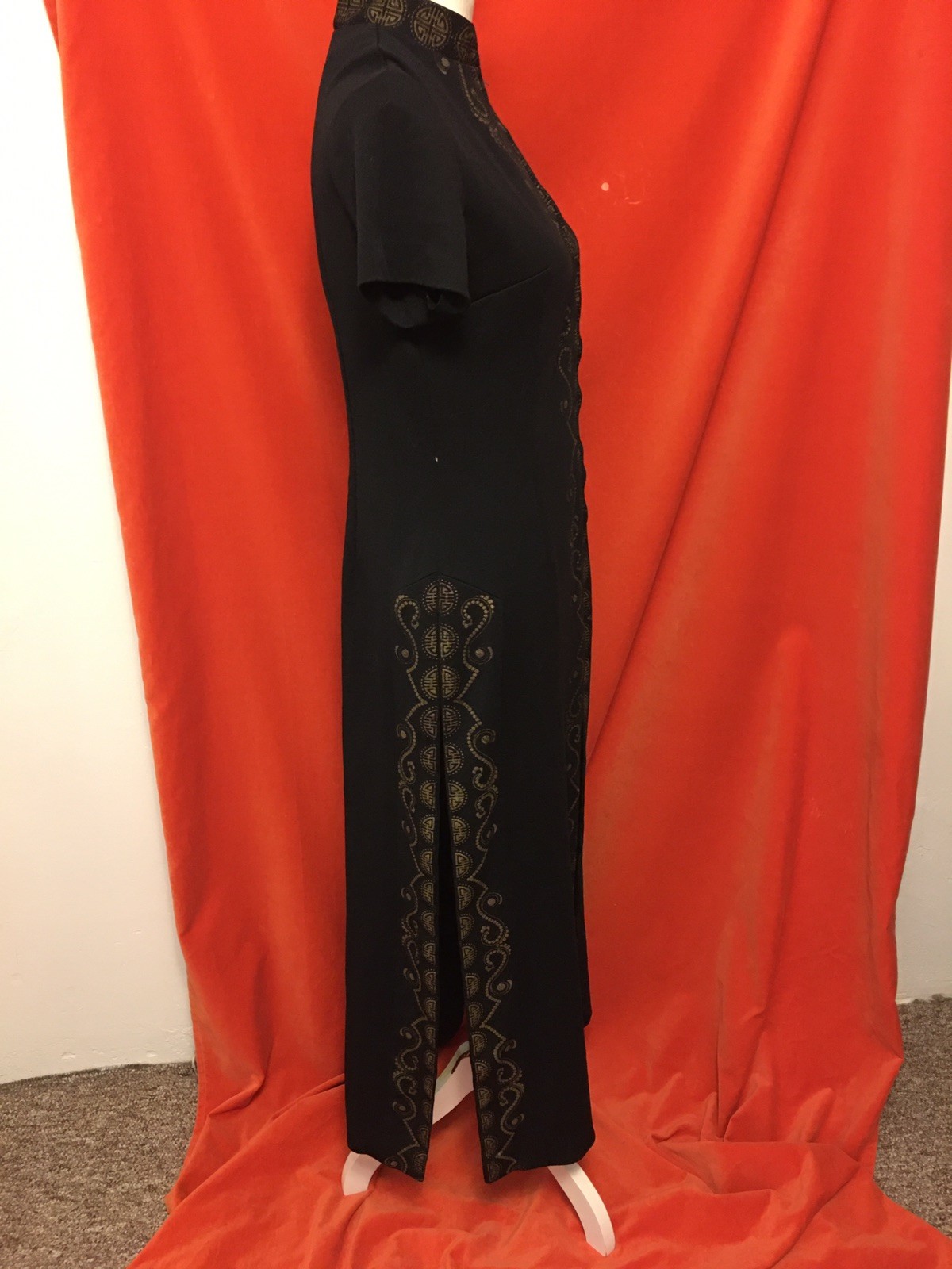 Alfred Shaheen 70s black maxi dress cheongsam style mandarin collar high cut m