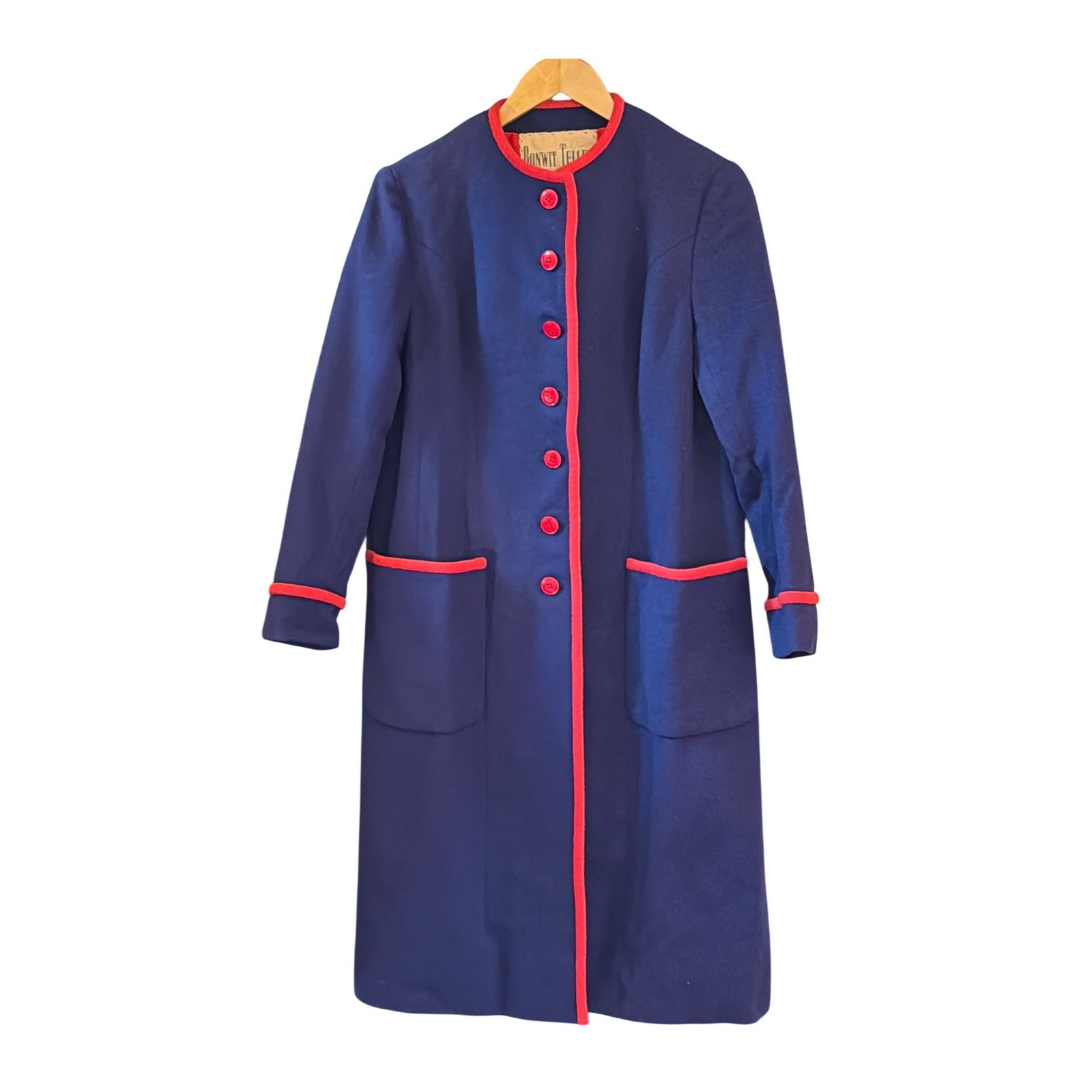 Vintage 60s L’Empereur Paris Bonwit Teller Wool Coat France Navy Red Sz 14