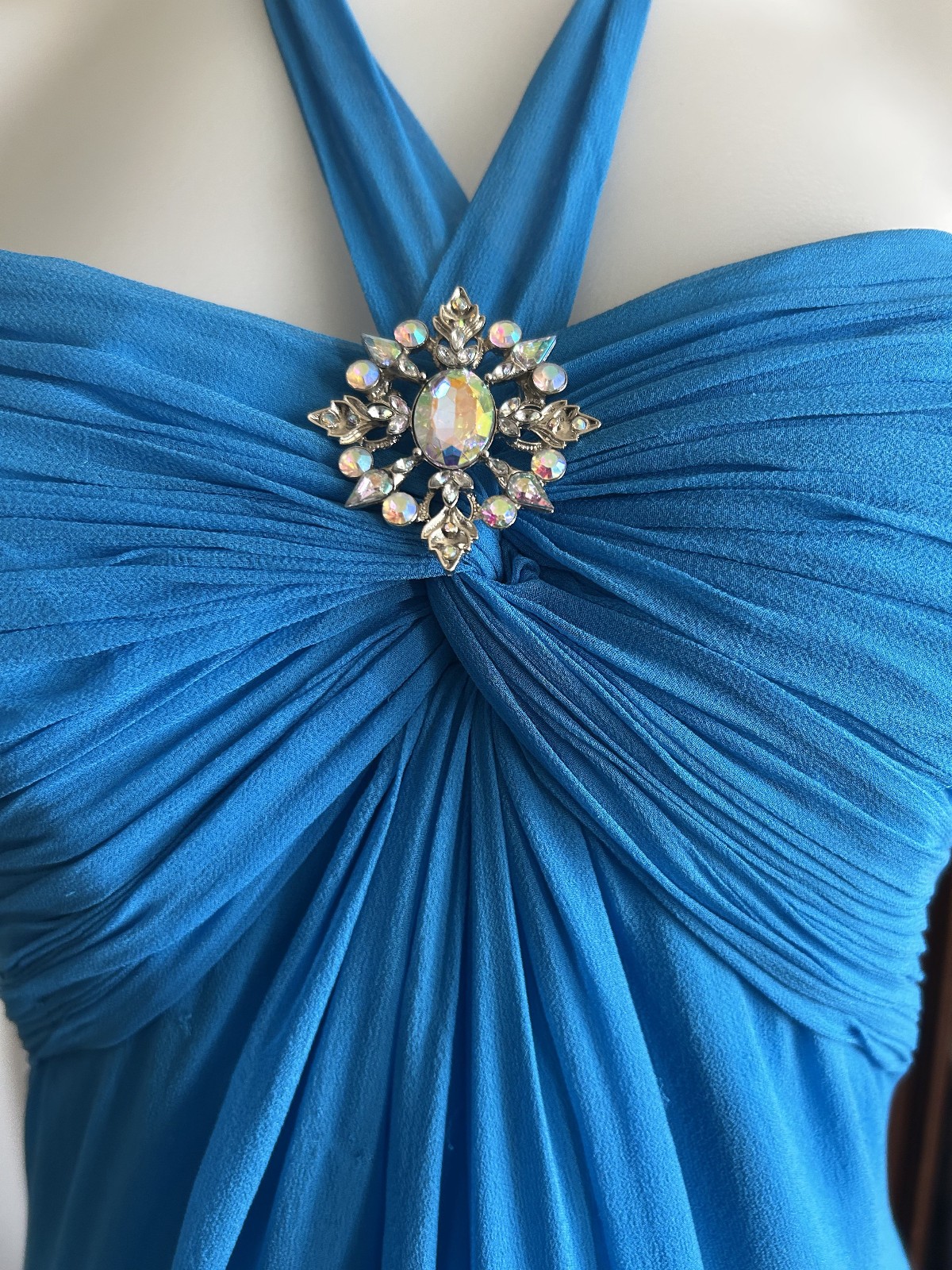 Vintage Y2K Laundry Shelli Segal Aqua Blue Silk Halter Maxi Dress Formal Fairy