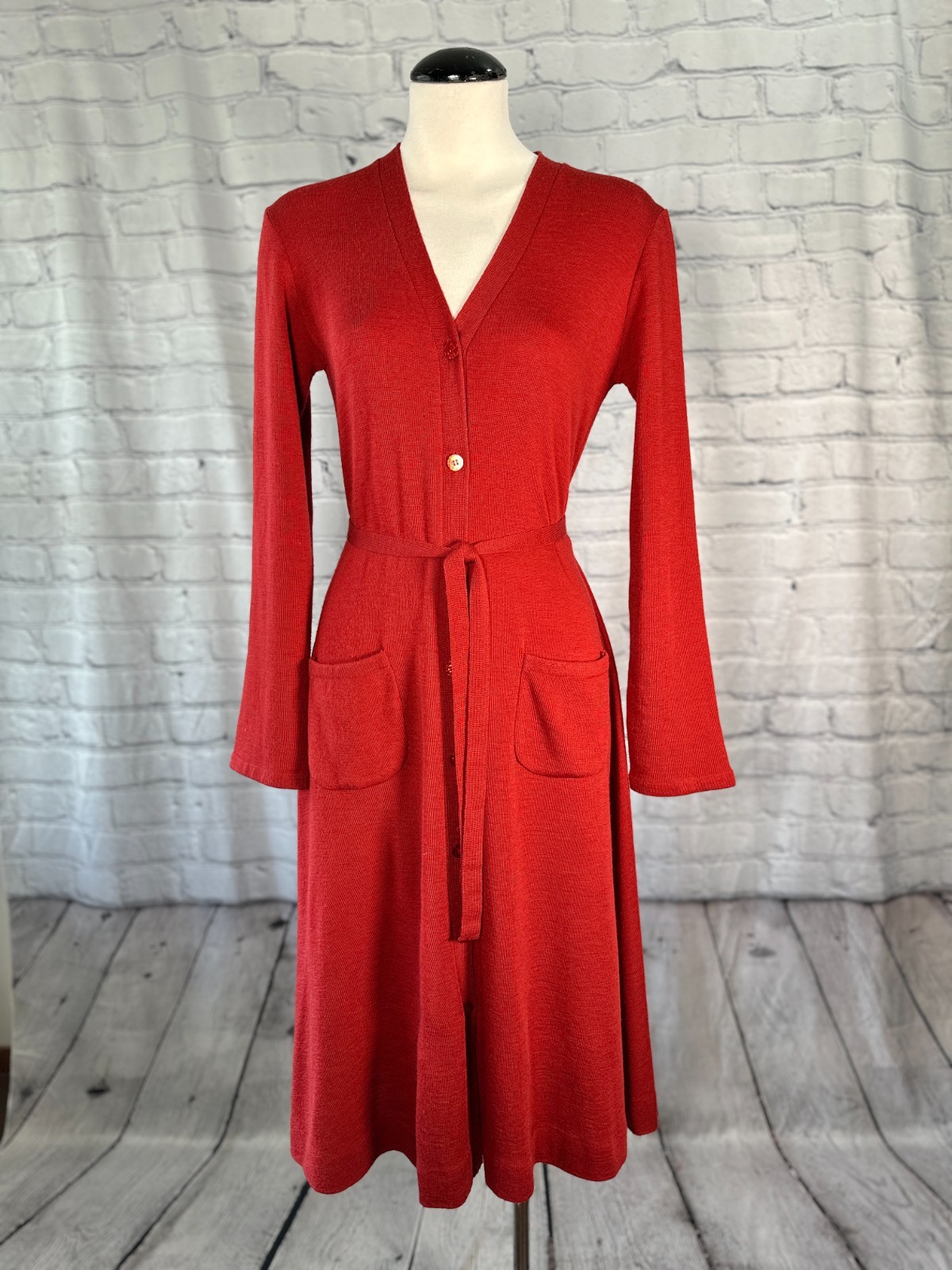 Vintage 70s Clovis Ruffin Red Dress Shirtwaist Wool Blend V-Neck Belt Midi M