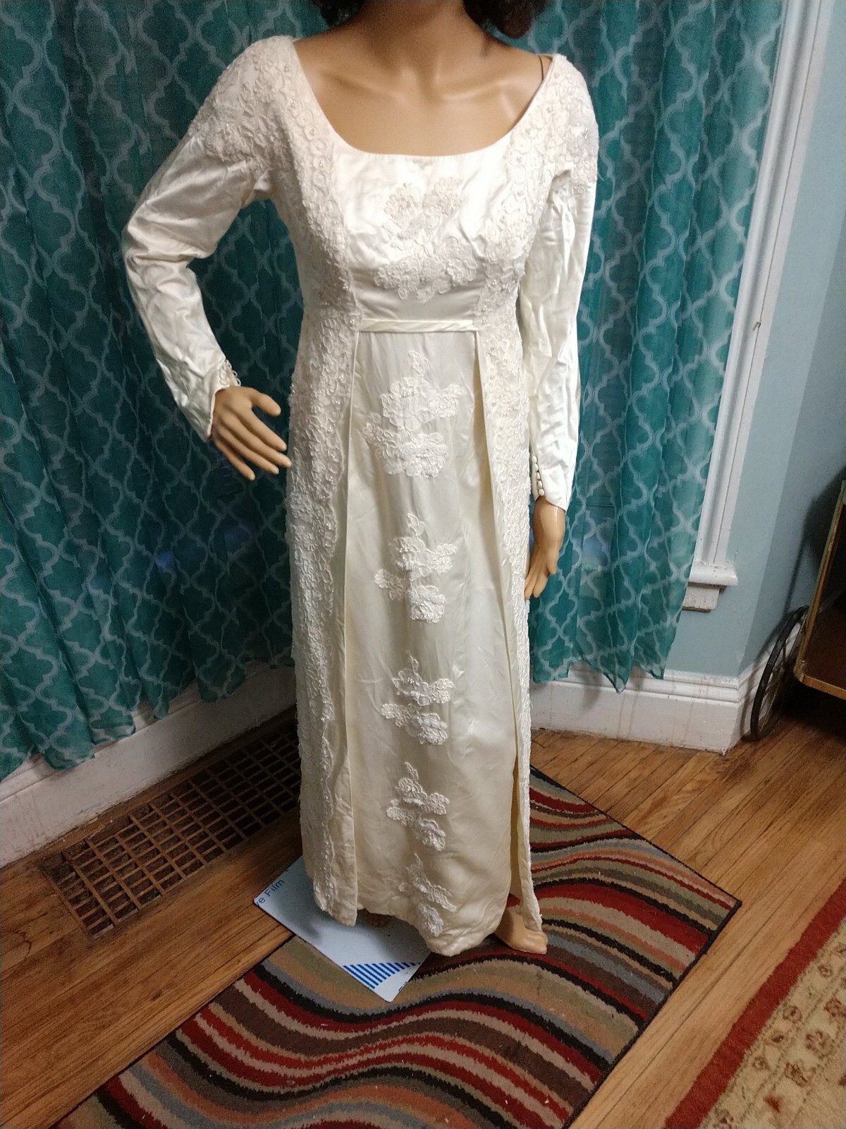 Vintage 1960’s Juliet champagne Satin Wedding gown Long Sleeves Empire waist