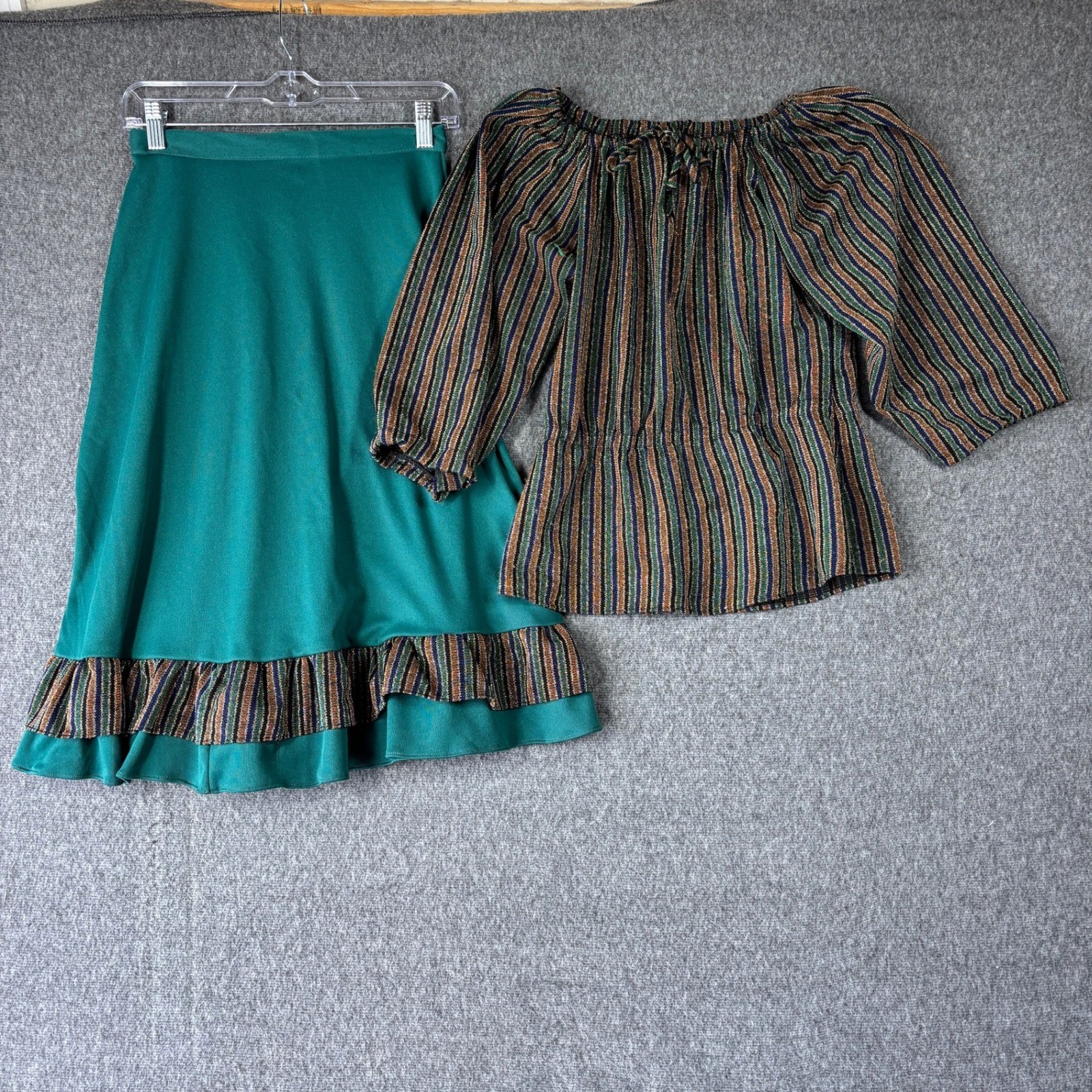 Vintage 70s Metallic Lurex Striped Peasant Top and Ruffle Midi Skirt Set Teal 9