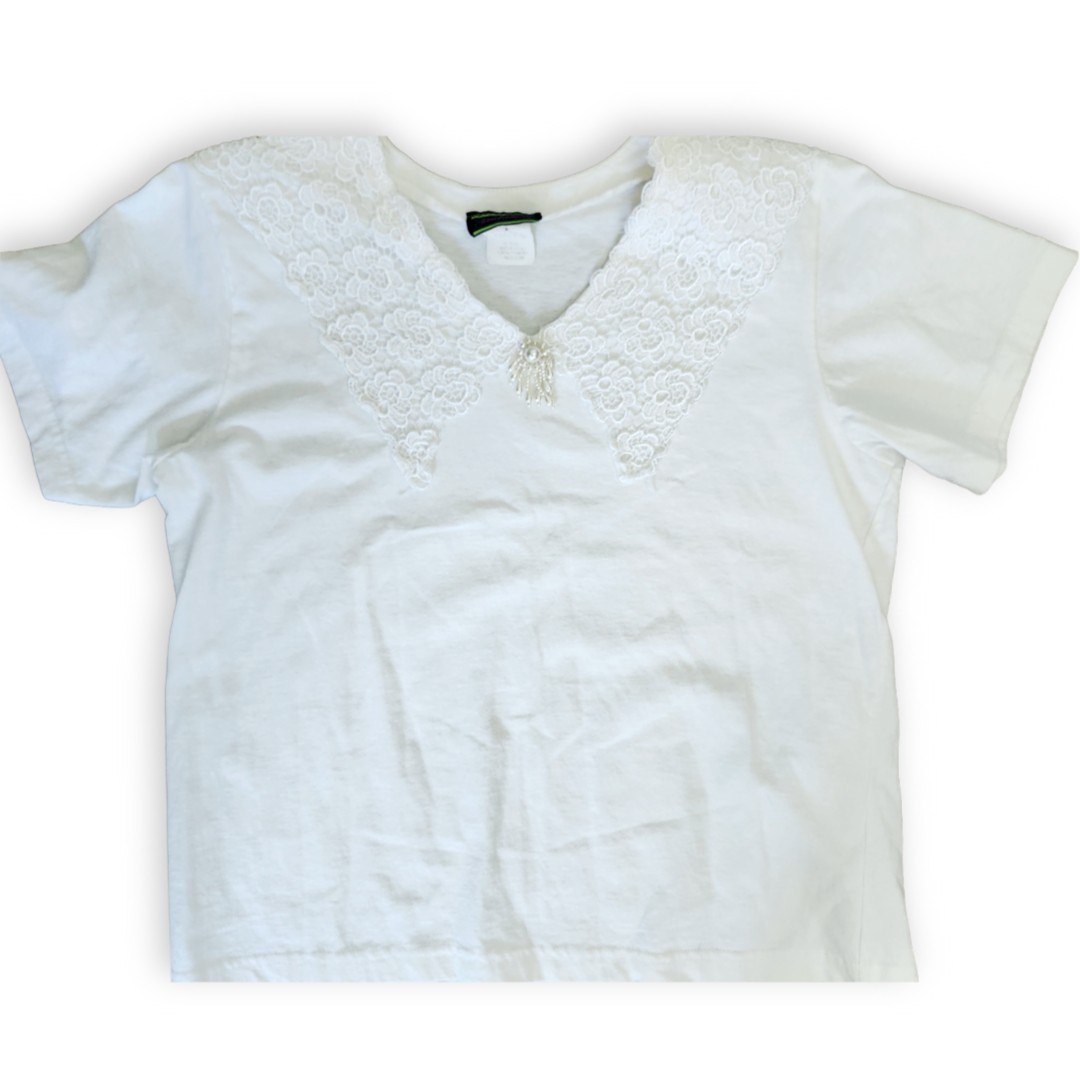 Vintage White Lace Applique Brooch Grannycore Shirt Womens Medium Shoulder Pads