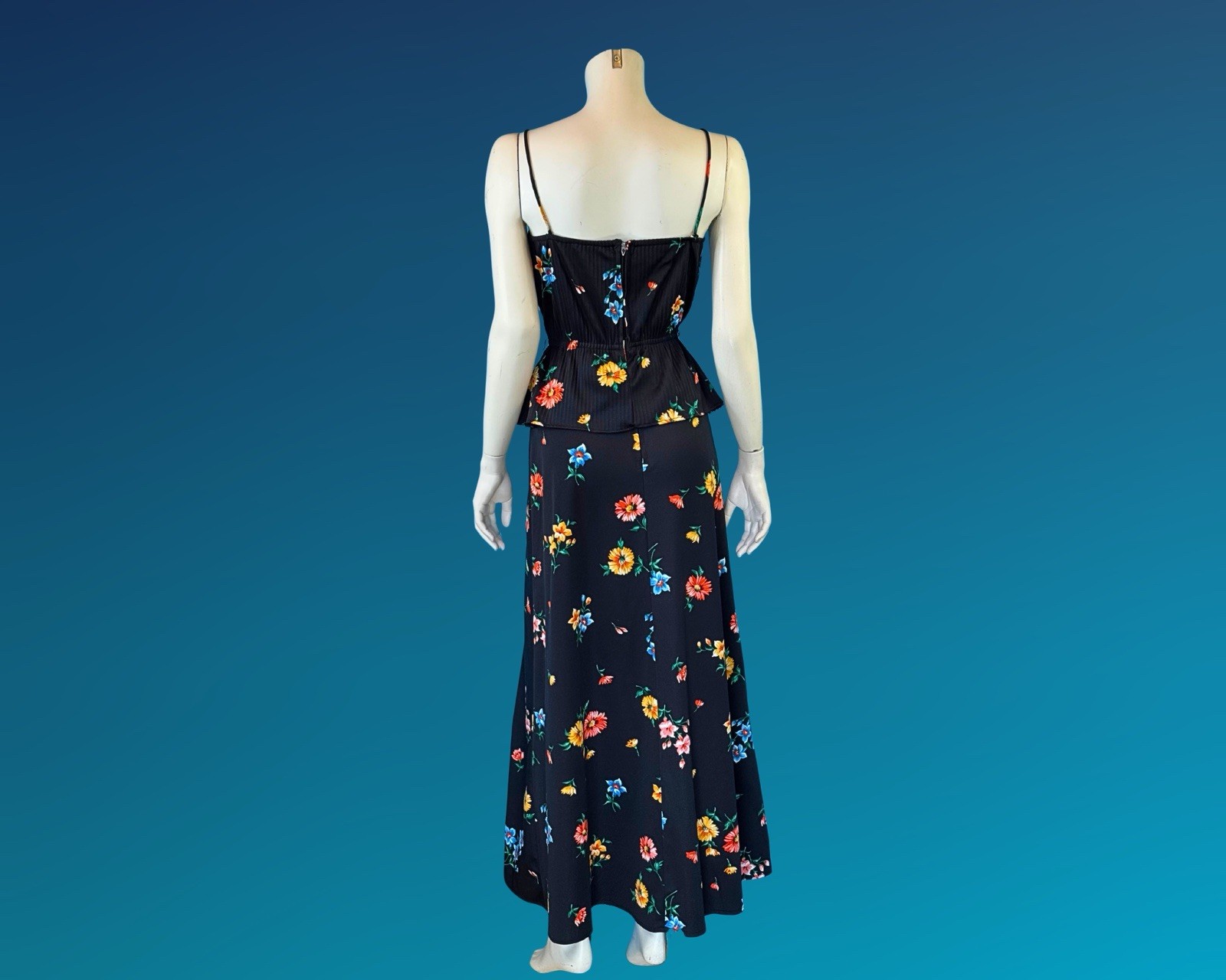 70s Boho Black Floral Print Peplum Maxi Sundress / S XS
