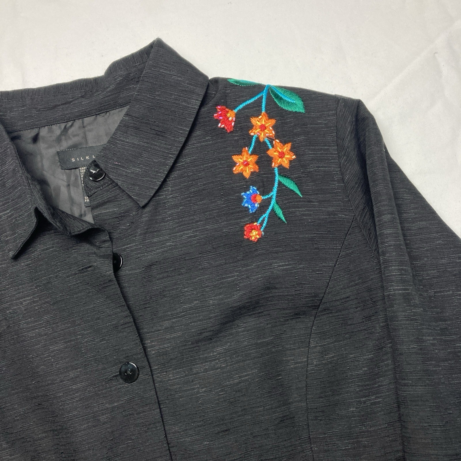 Silkland 3/4 Sleeve SZ LG Blazer Cardigan Lined Embroidered Beaded 100% Silk