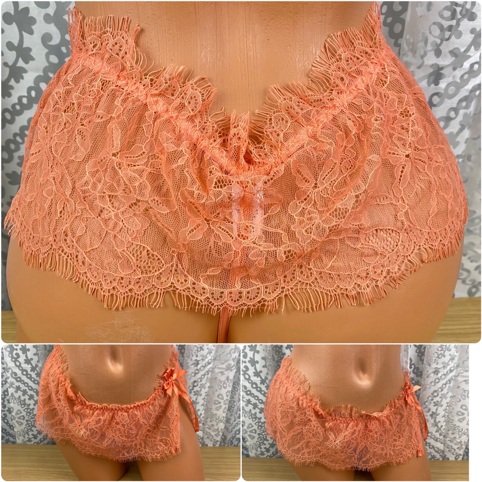 VINTAGE VERY SEXY VICTORIA’S SECRET LACE SKIRTED THONG ORANGE NYLON ELASTANE M