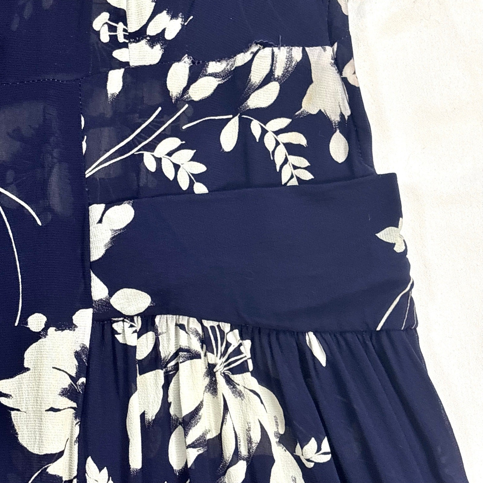 Vintage 1940s Silk Chiffon Shirtwaist Dress Navy Blue Tropical Floral Print