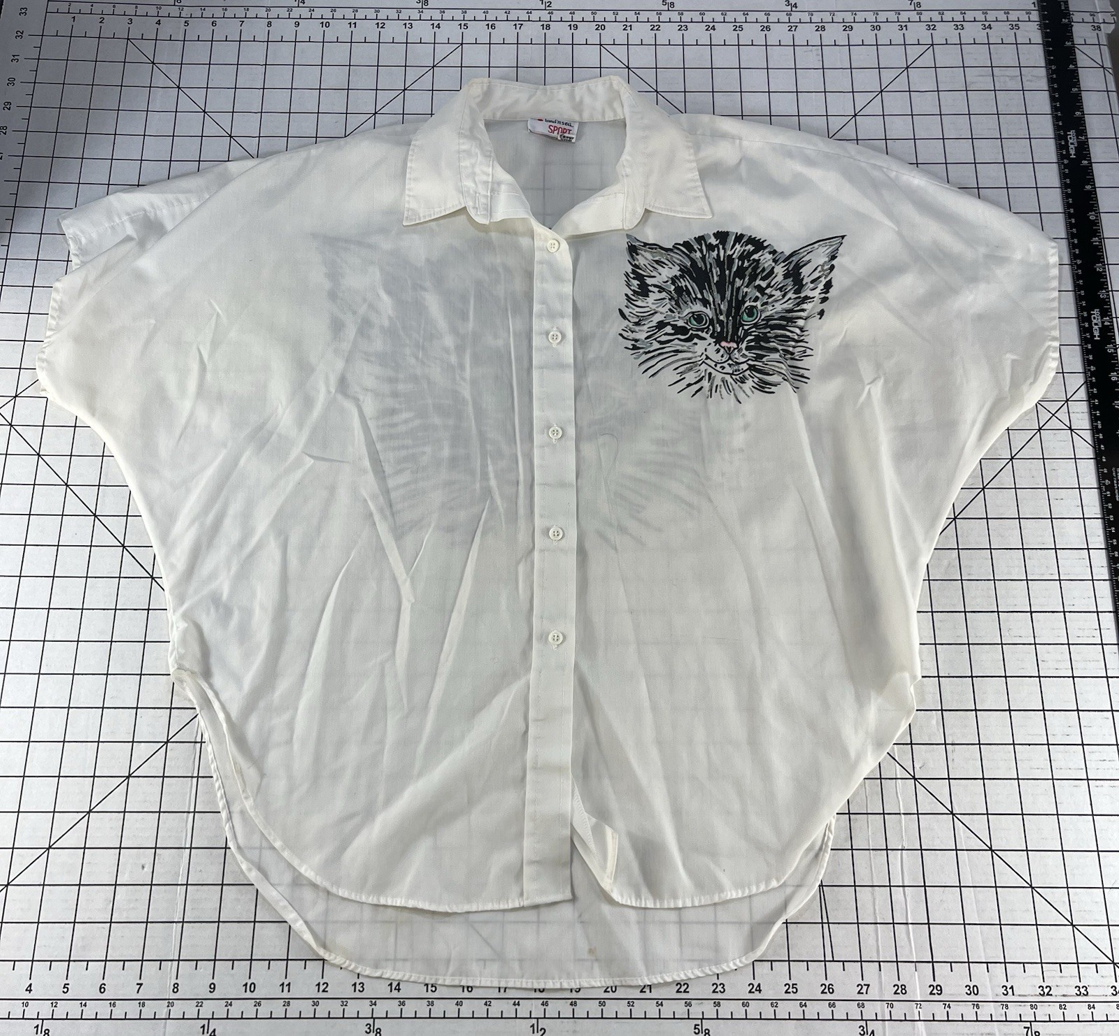 Vintage 80s 90s Kitten Cat Face Graphic Shirt White Oversized Dolman Sleeve L XL