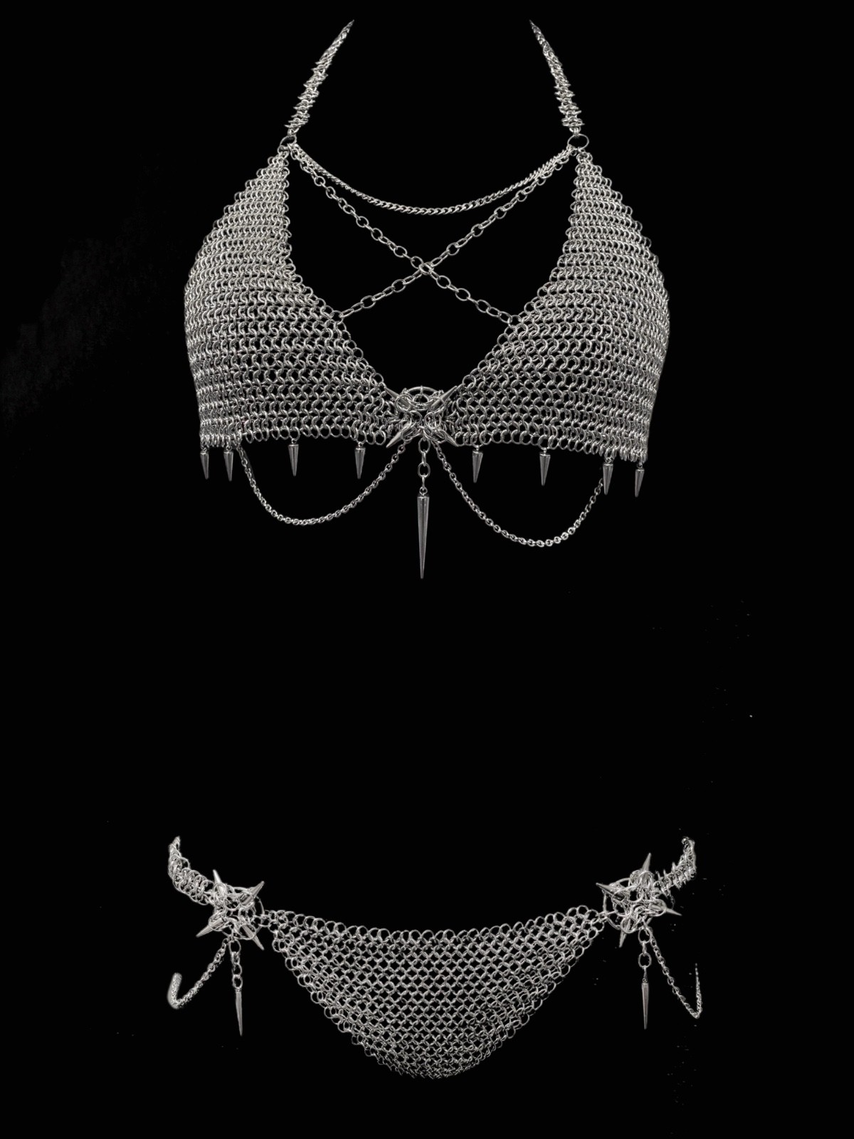 Gothic Chainmail Lingerie Set Handmade Armor Bra Panty Metal Bikini Silver
