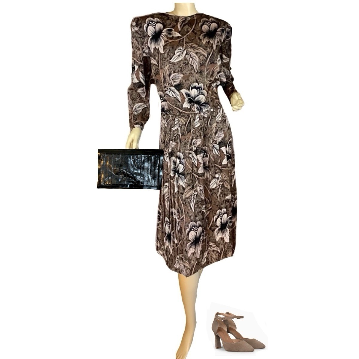 VINTAGE ALEXIS FASHIONS 1980’S FLORAL PRINT BROWN & BLACK DRESS SIZE APPX LG