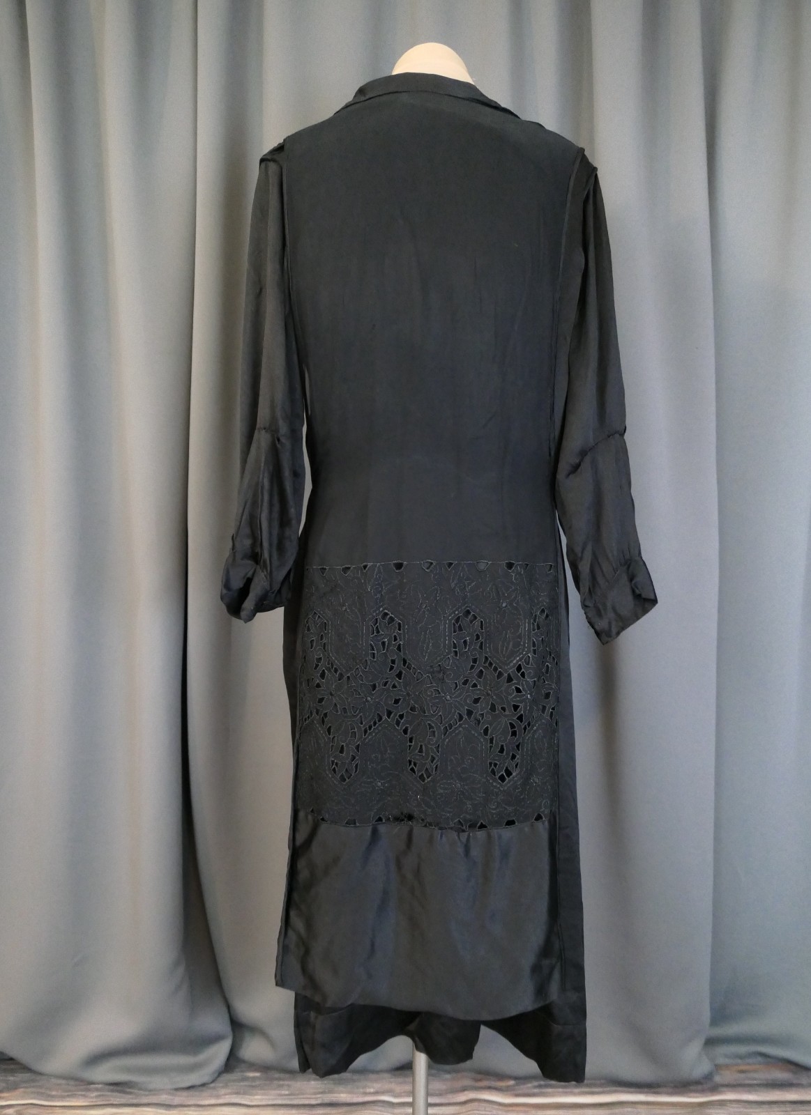 Damaged 1910s Black Silk Satin Dress, Eyelet Panel, 40 inch bust, Ankle length