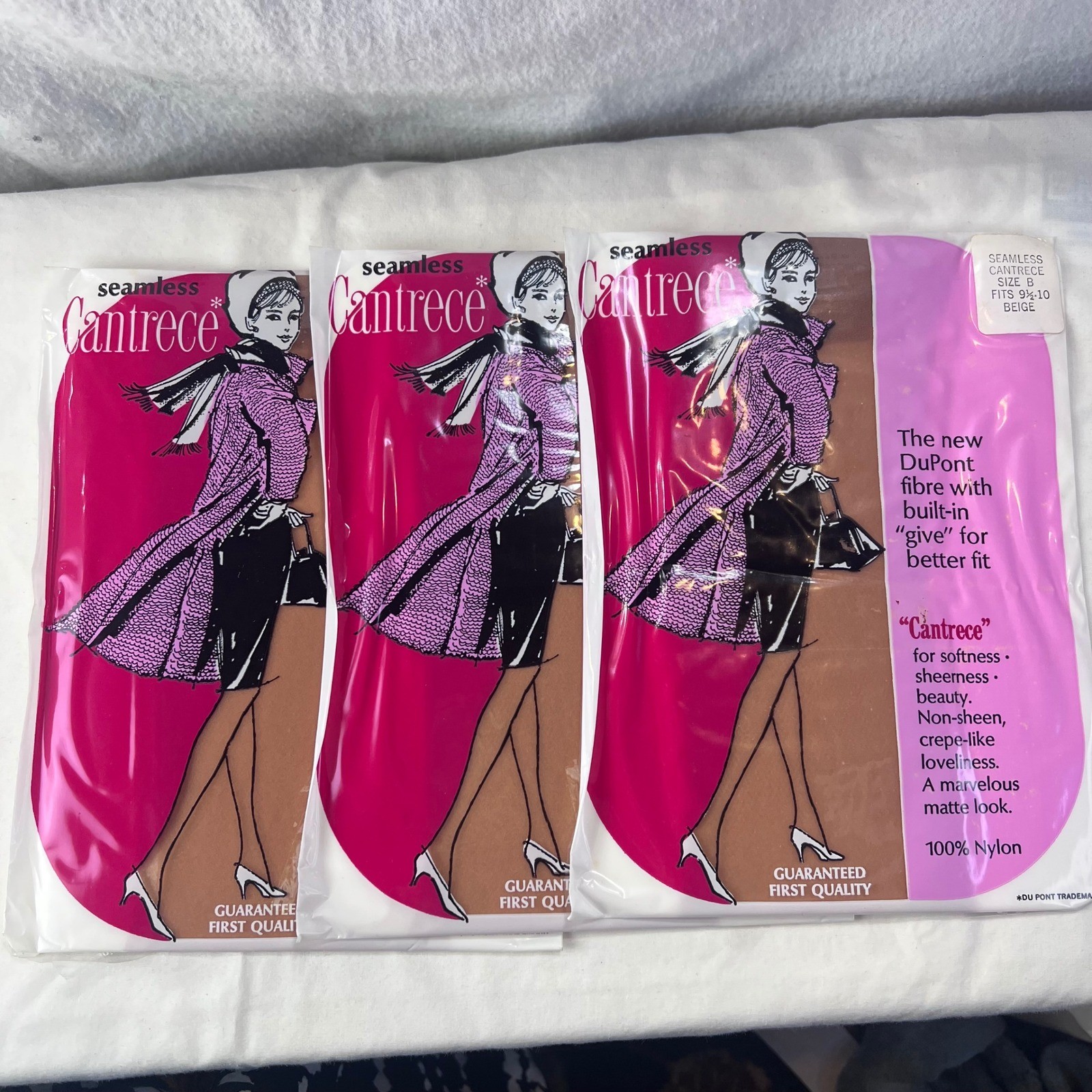 Vintage Cantrece Seamless Nylon Hosiery Lot 3 Pairs Beige Size B 9.5-10 DuPont