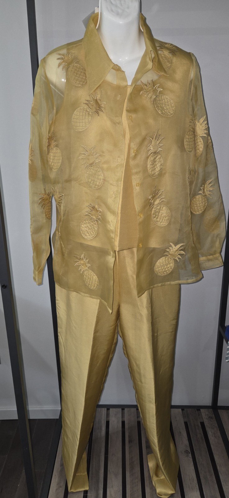 Vintage sz 8 Poetic Petite Gold Silk Outfit Sheer Pineapple Blouse Shell Pants