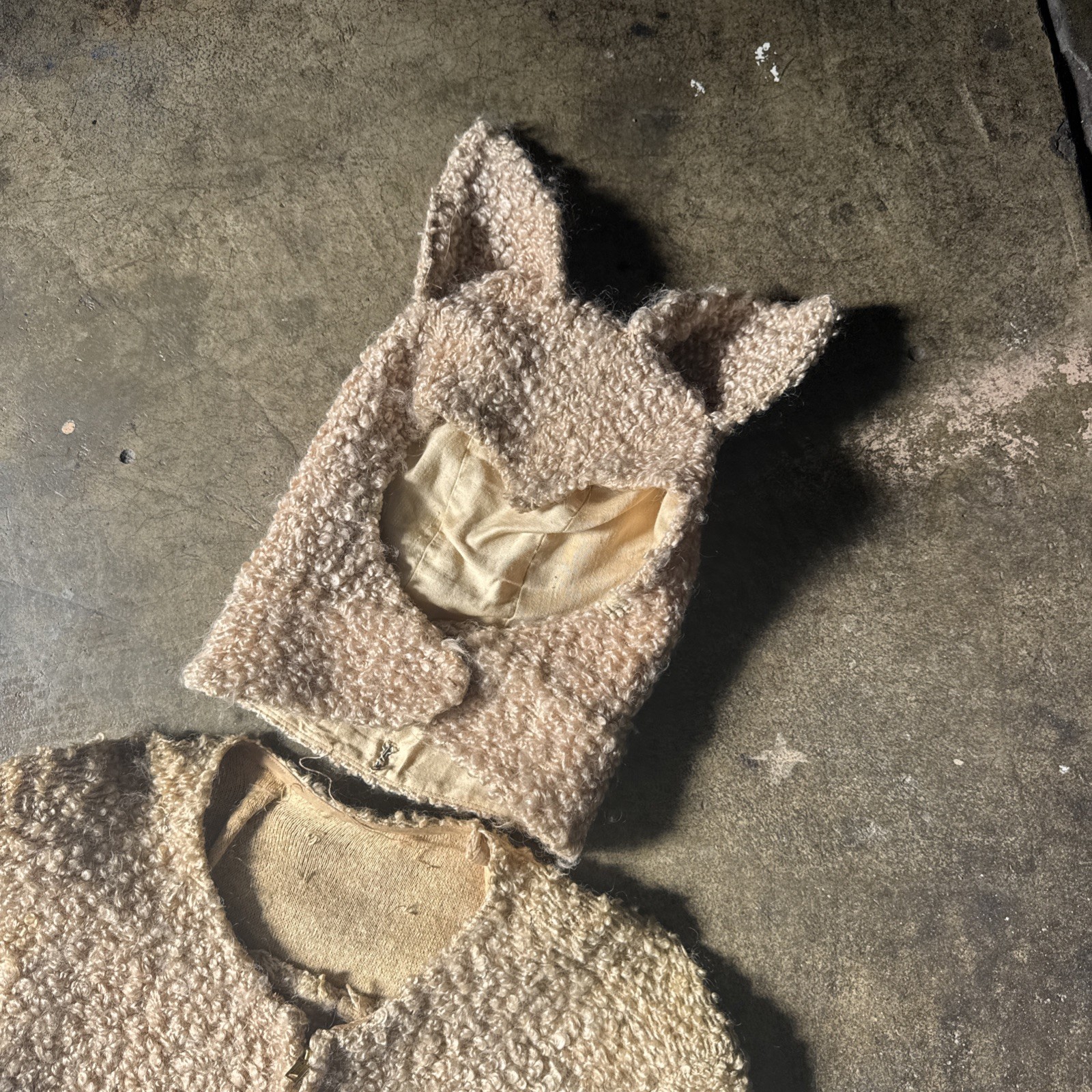 Vintage 1930s 1940s Blonde Curly Mohair Cat / Lamb Outfit Suit & Headpiece Hat