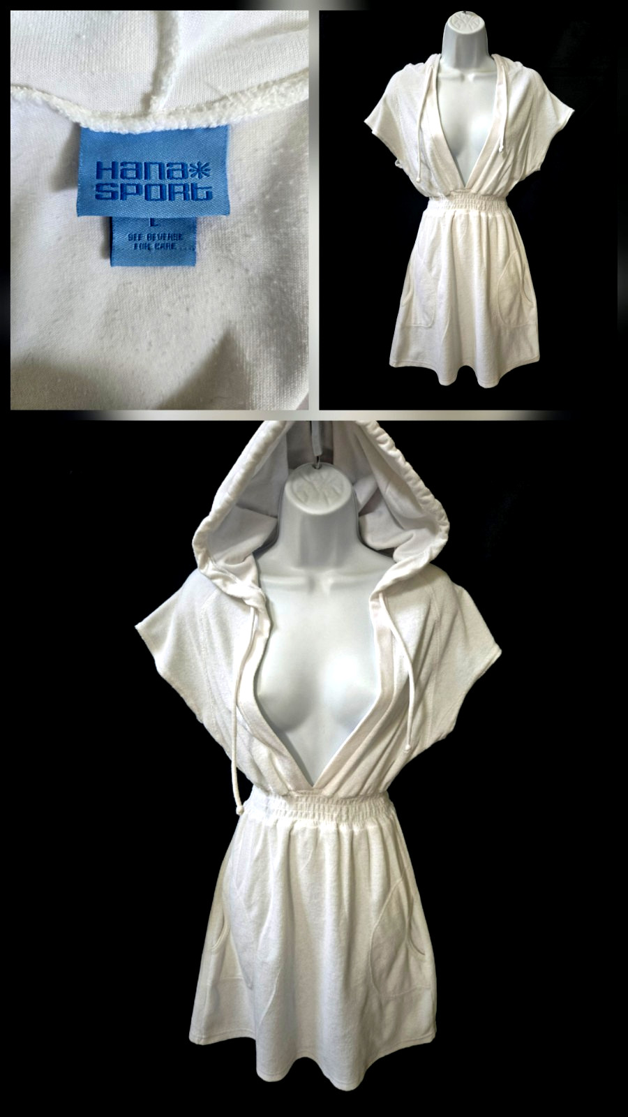 Sporty Sexy Cute Vtg 90s HANA SPORT Deep V-Neck Terrycloth Hoodie Mini Dress L