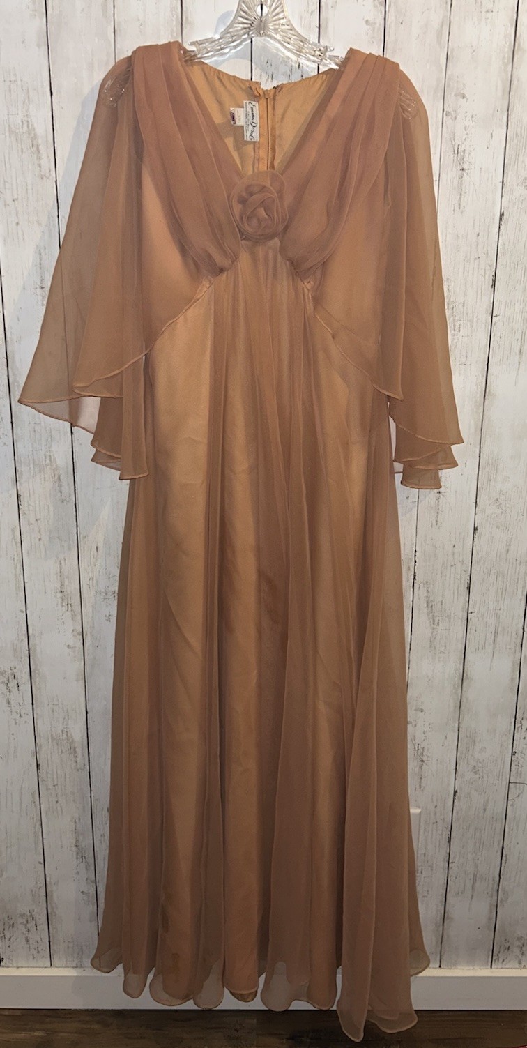 Emma Domb California Dress 14 Empire Waist Cape Sleeve Orange Chiffon Altered