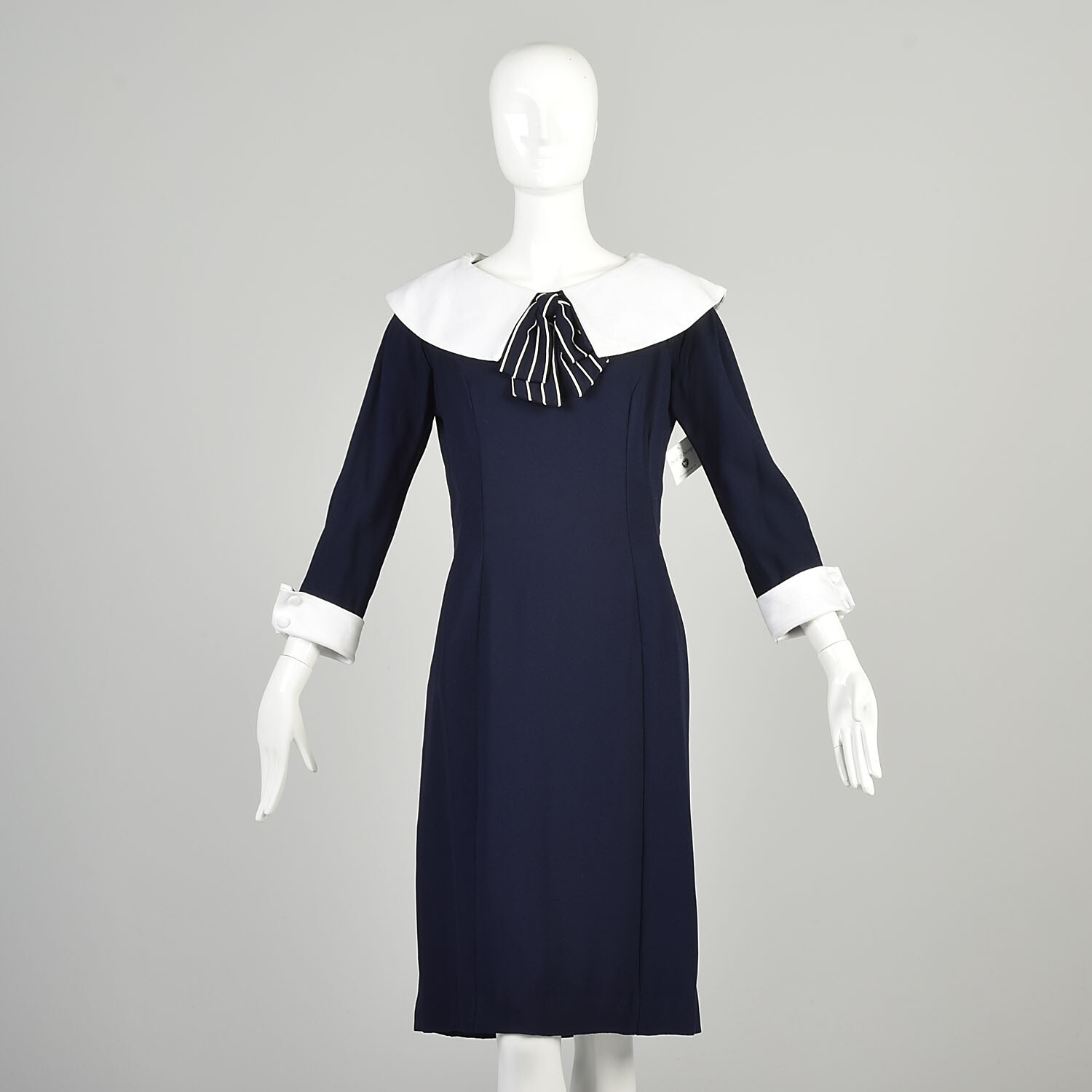 Large 1960s Navy Blue Dress Wide White Collar Stripe Bow 3/4 Sleeve French Cuff