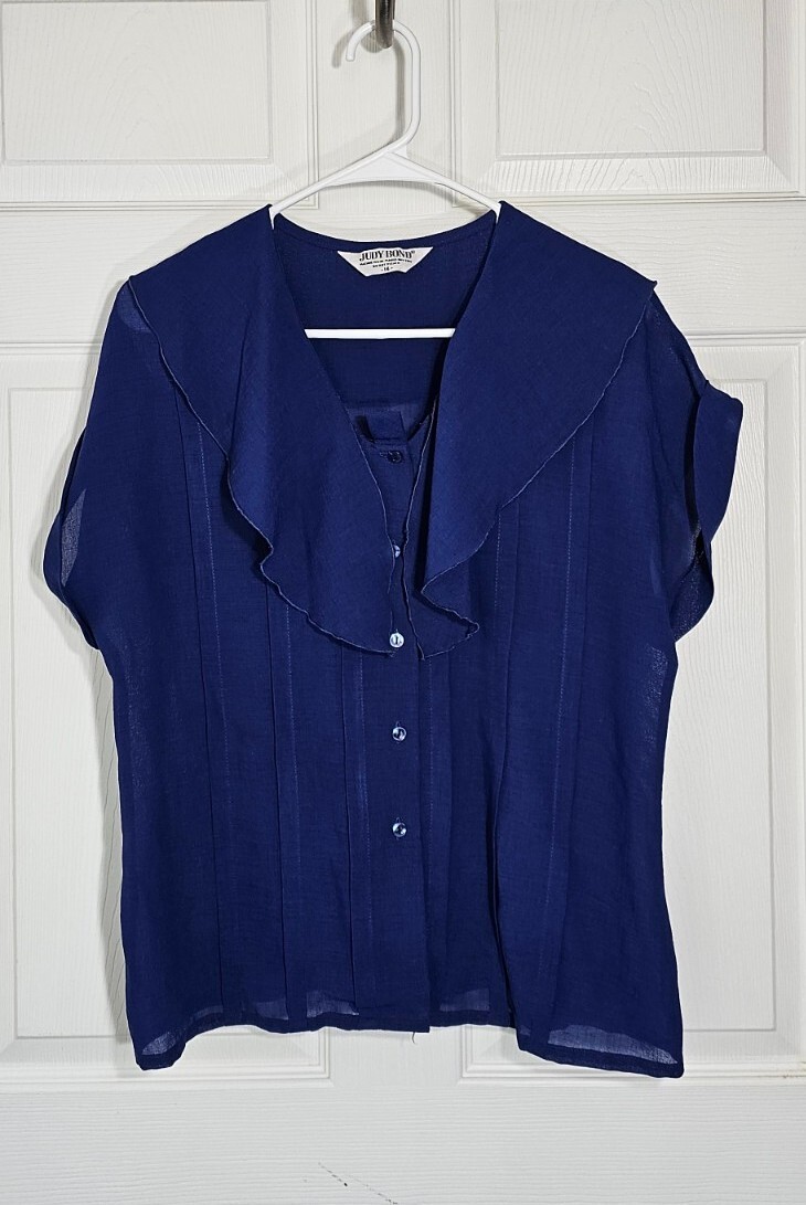 Judy Bond Blue Sheer Dolman Sleeve Blouse Button Up Pussy Bow Vintage Size 14
