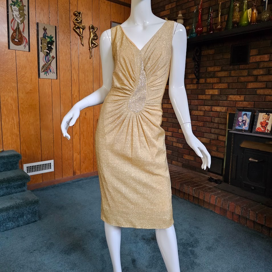Vtg 50s 60s Lilli Diamond Gold Lurex Bombshell Wiggle Cocktail Party Dress S/M