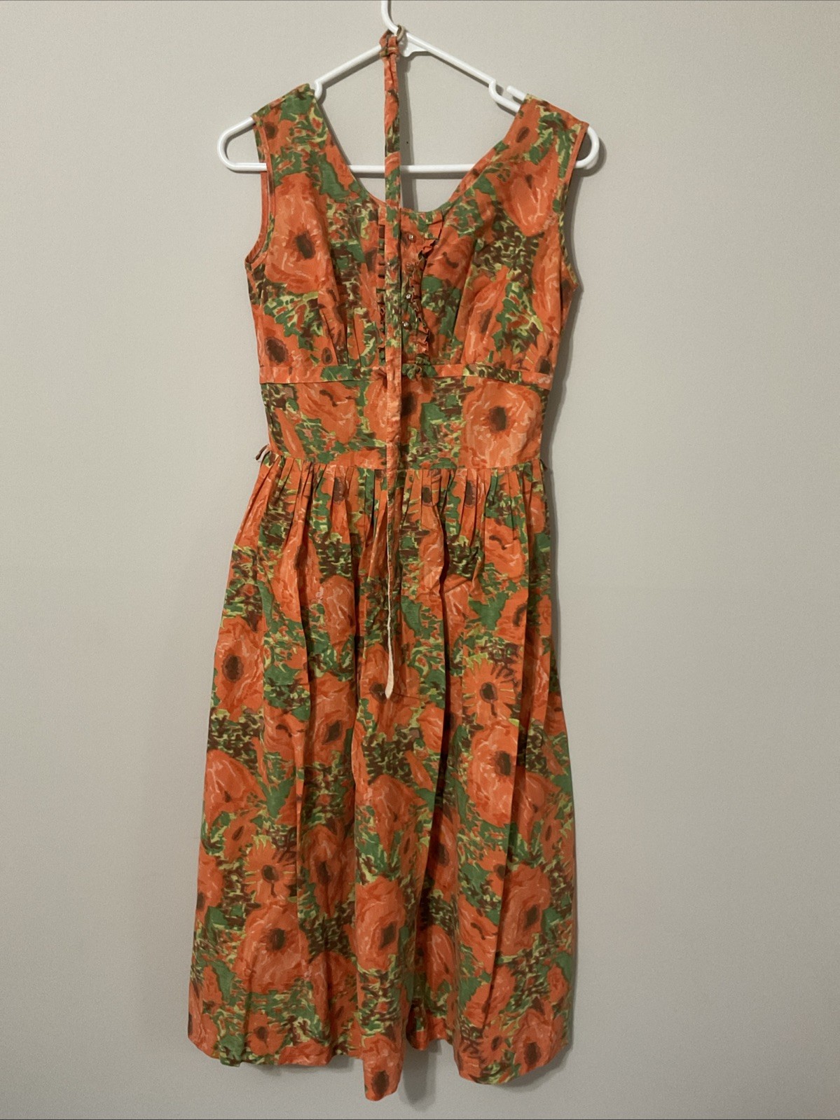 Vtg Women’s 60s Orange & Green Floral Maxi Dress W/Belt S/M 1960s