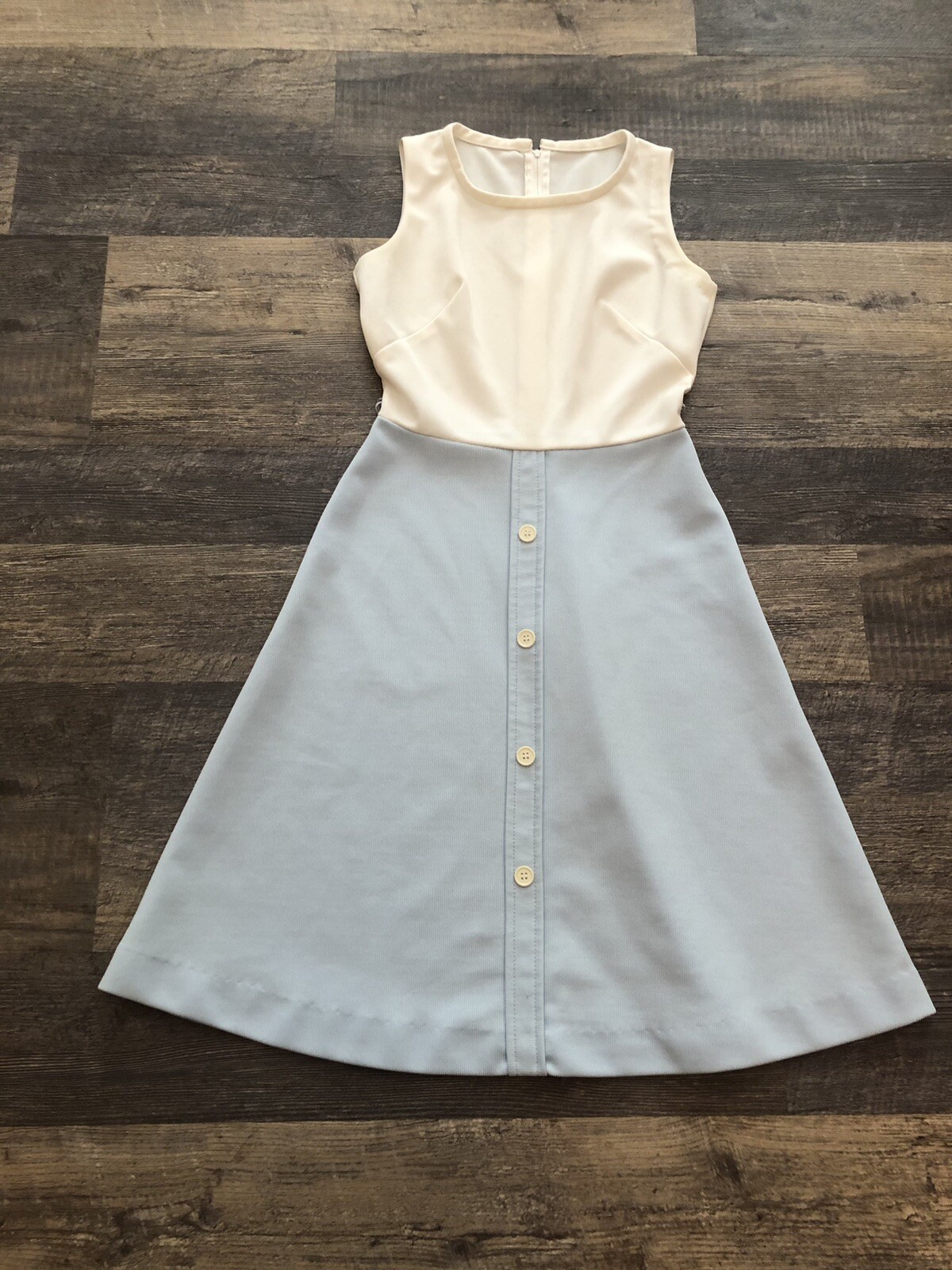 VTG 60’s Polyester Blend Pale Blue & White Sleeveless A-Line Midi Dress ~S