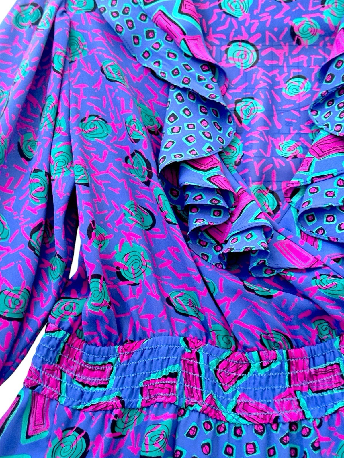 Vtg 80s Susan Freis Dress Sz S/M Magenta Purple Floral Puff Sleeve Garden Party