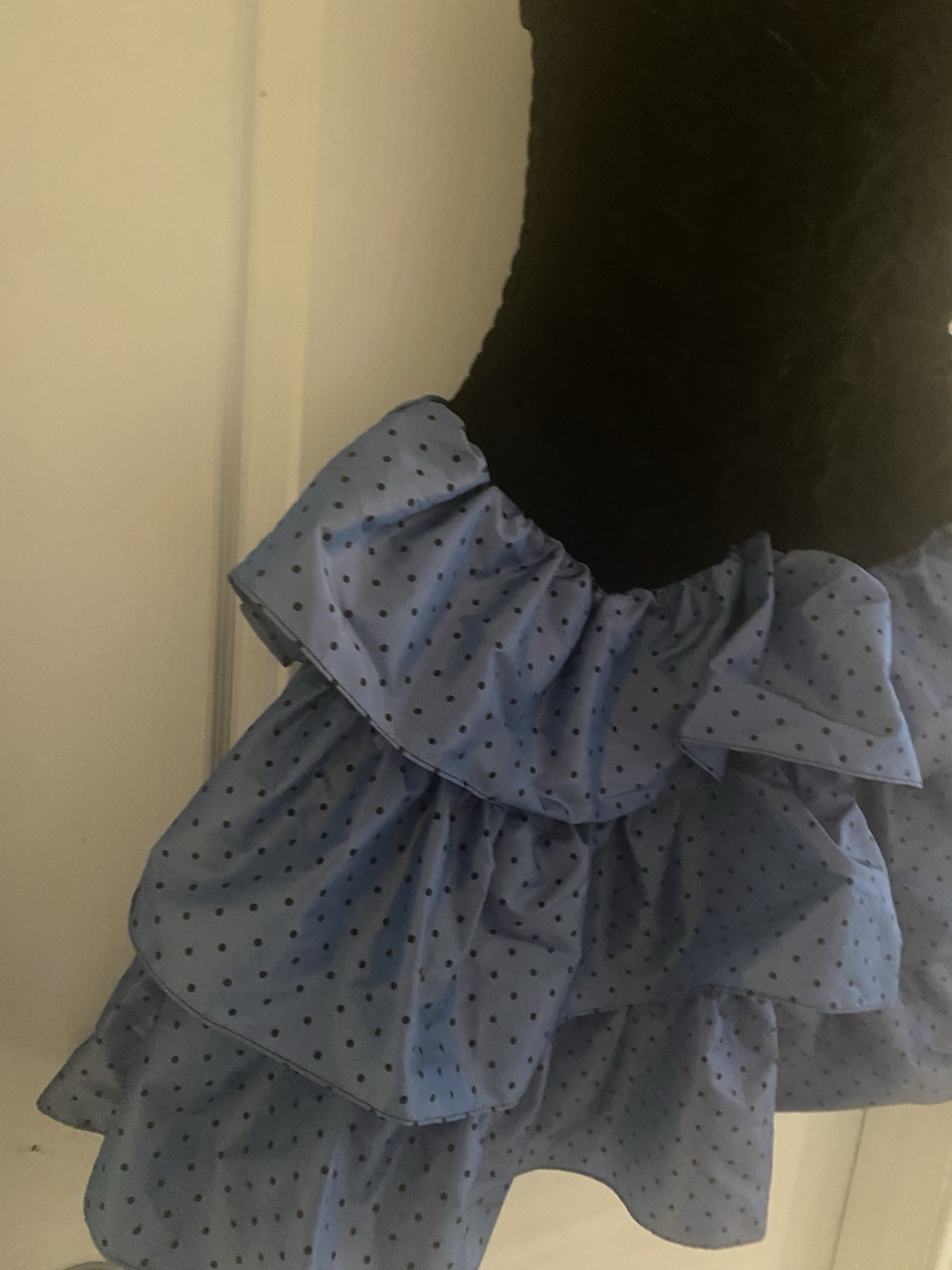 VTG Y2K My Michelle Strapless Black Velvet Bodice Polka Dot Tiered Dress 11/12