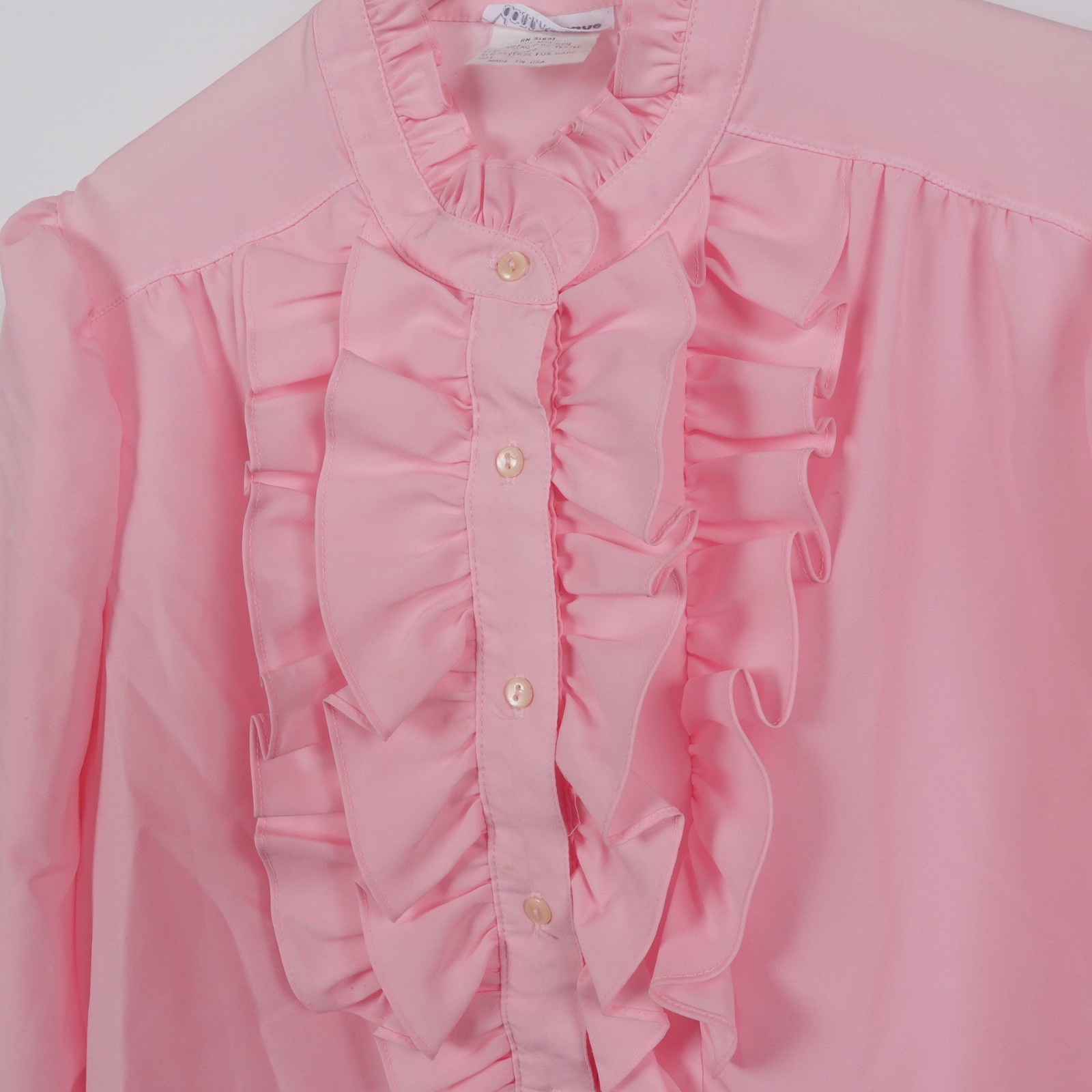 Vintage Donn Kenny Womens Large Ruffle Long Sleeve Button Modest Granny Pink