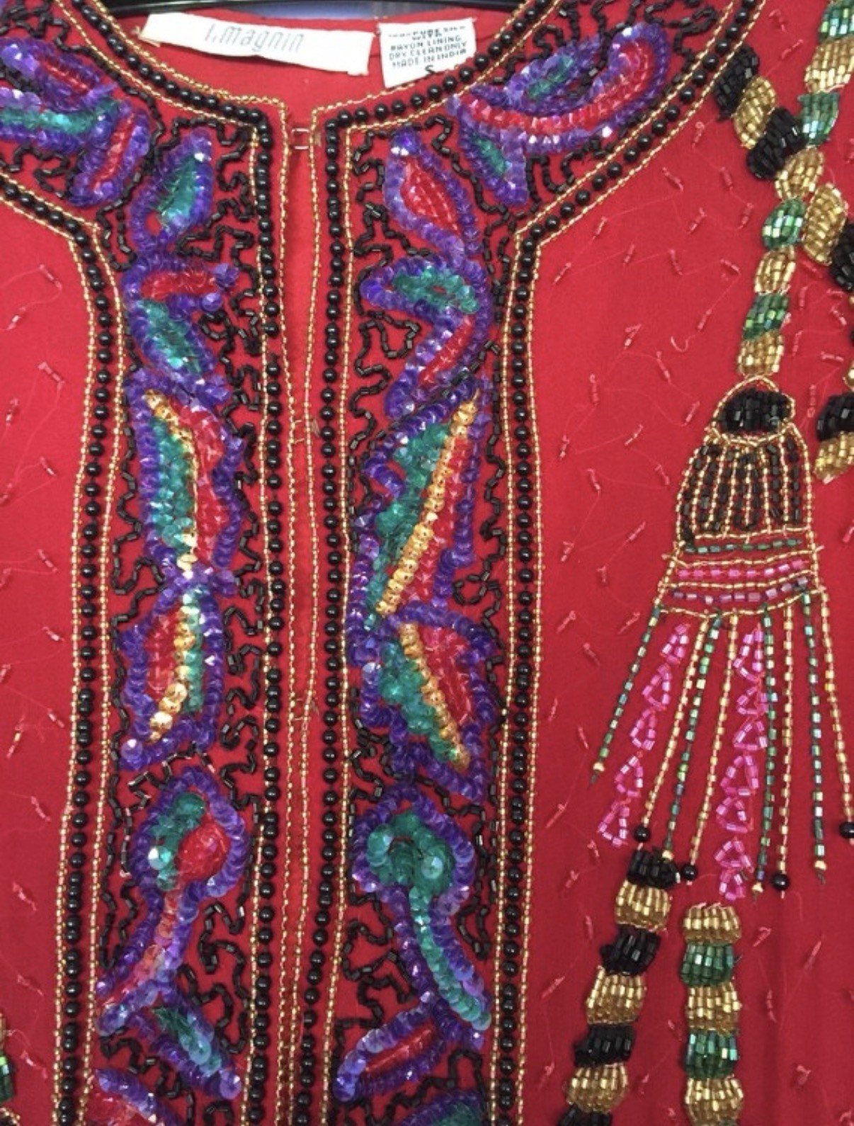 Vintage I. Magnin 100% Silk Red Beaded Sequin Evening Jacket India Size S
