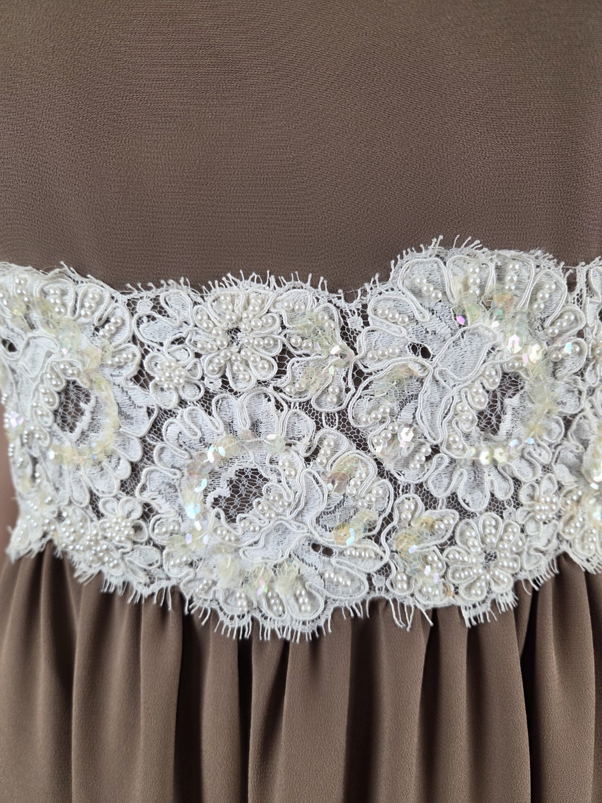 VTG William Pearson Brown Midi Dress Beaded Lace Trim Made USA Size 6 70s 80s