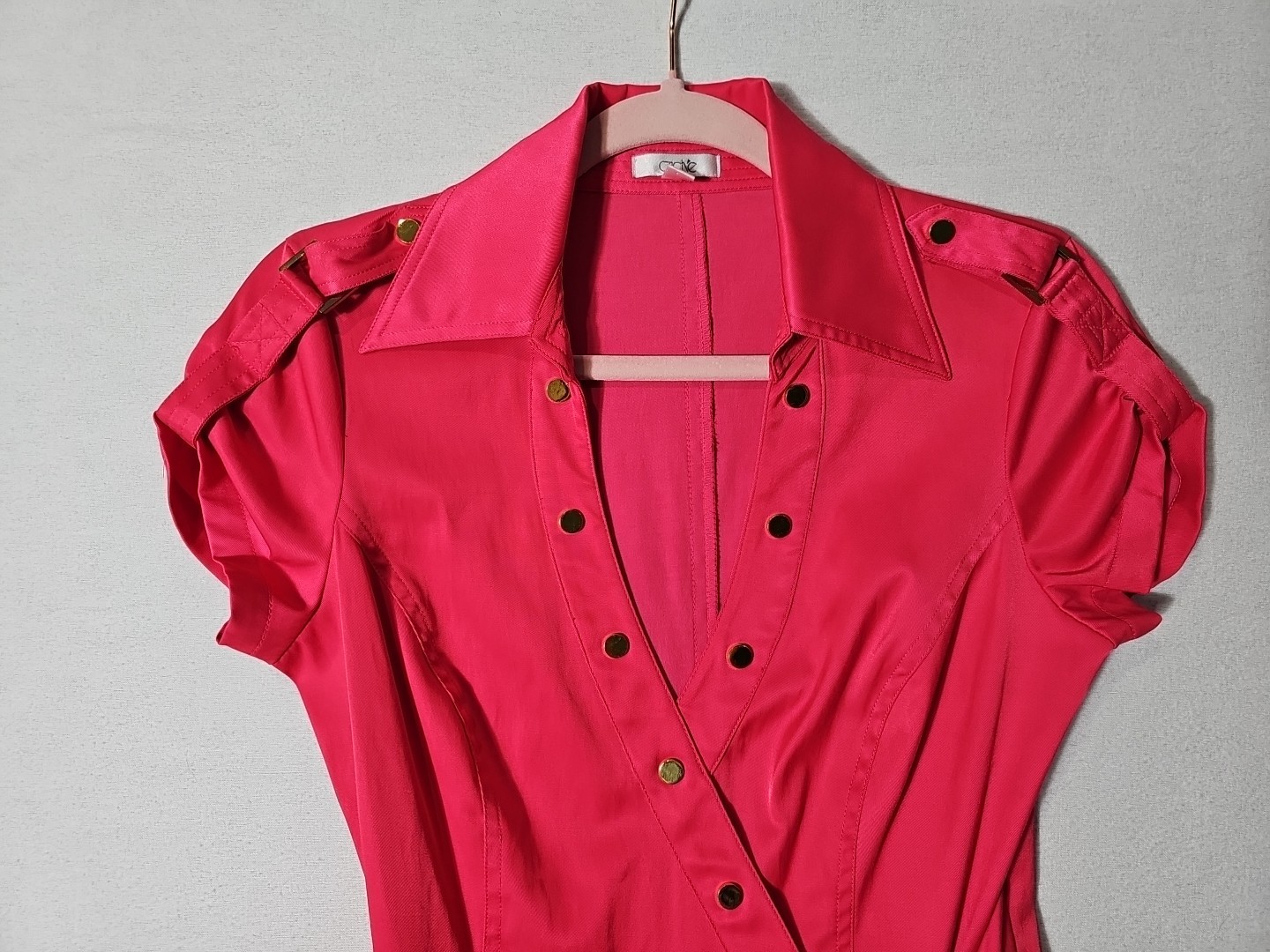 Vtg 90s/Y2K CACHE Dress 8 Pink Belted V Neck Short Sleeve Faux Wrap Gold Button