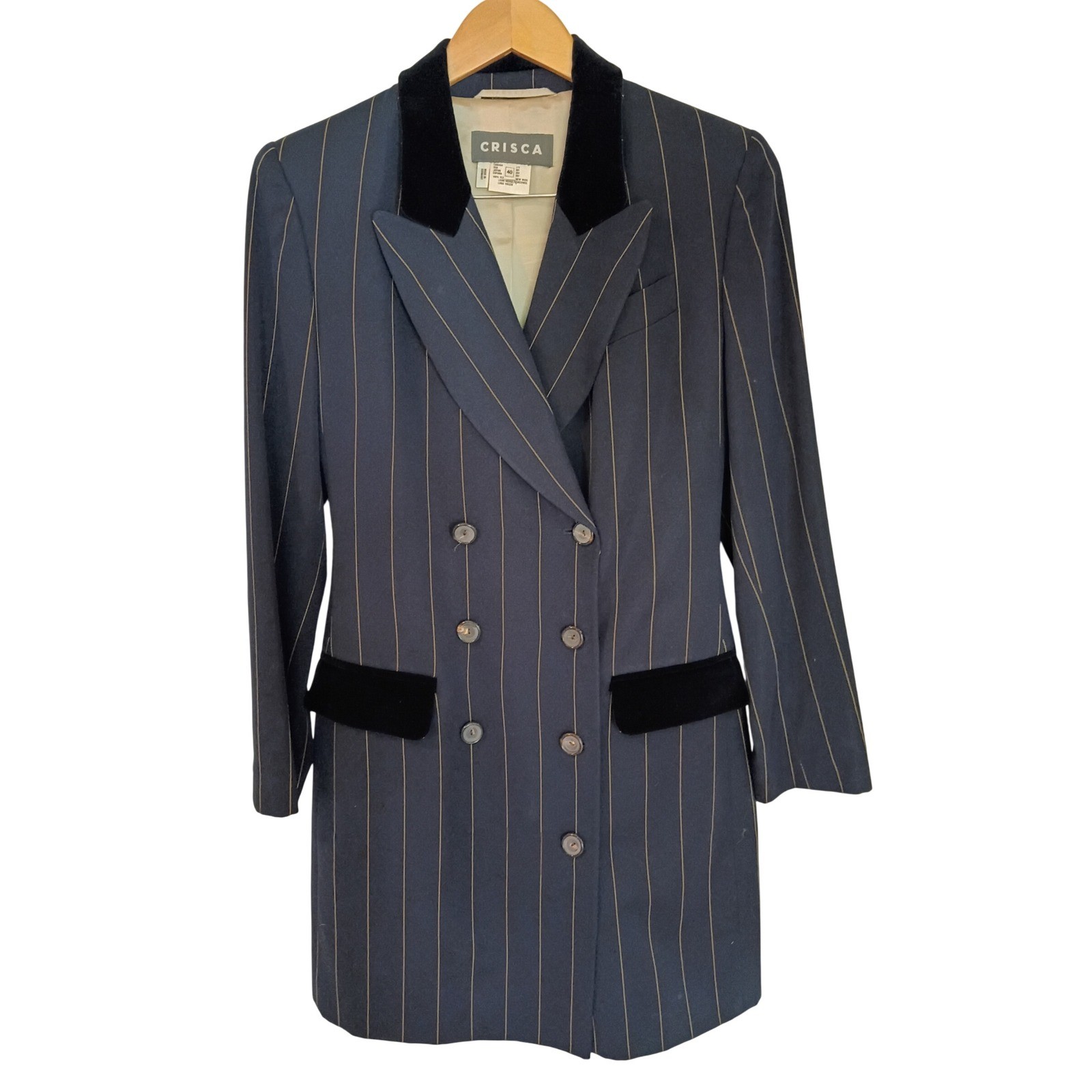 Crisca Vintage Wool Pinstripe Skirt Suit Navy Blue Velvet Trim Made Germany 40