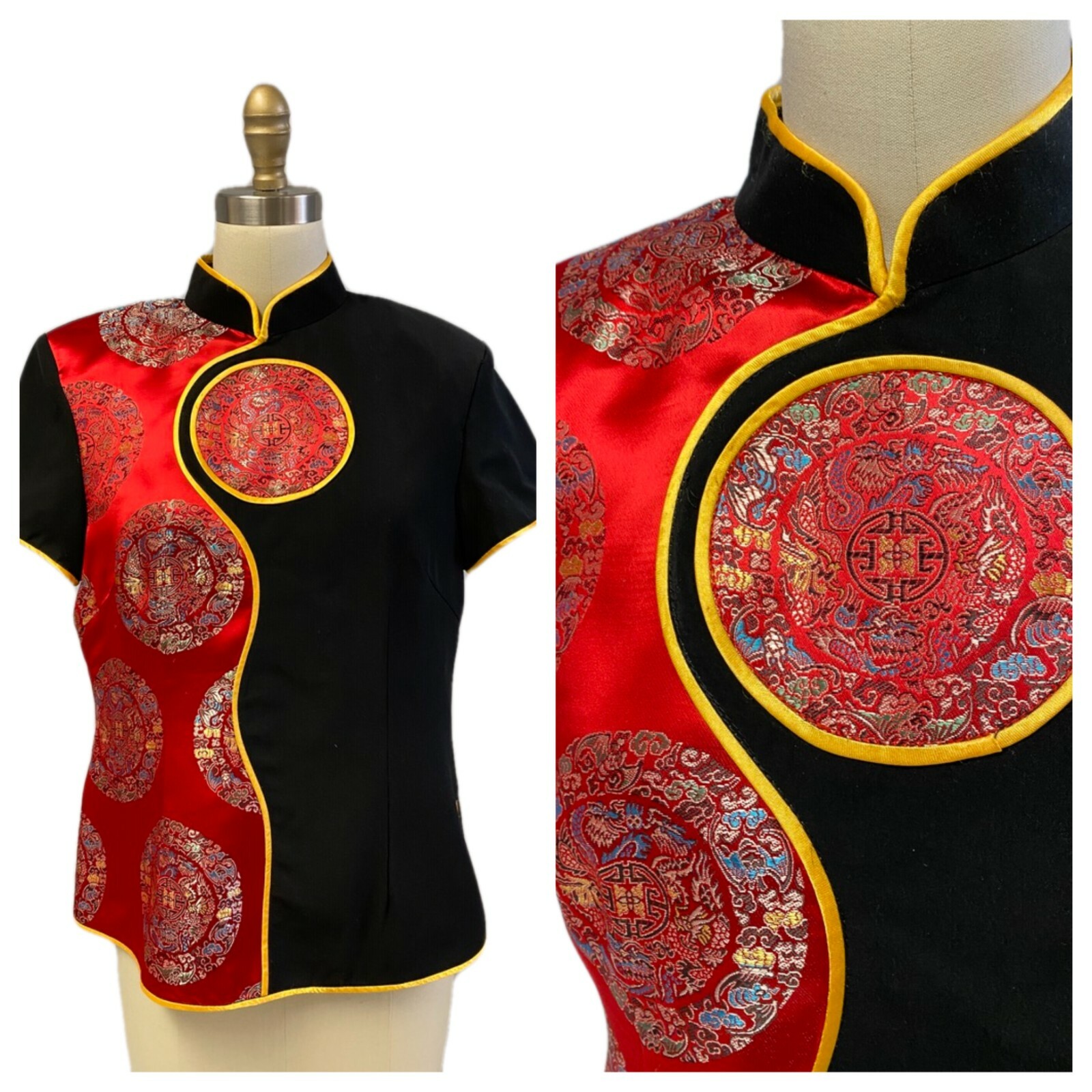 VTG 80s Red Satin Damask Top M L Custom Made Unworn Yellow Piping Shoulder Pads