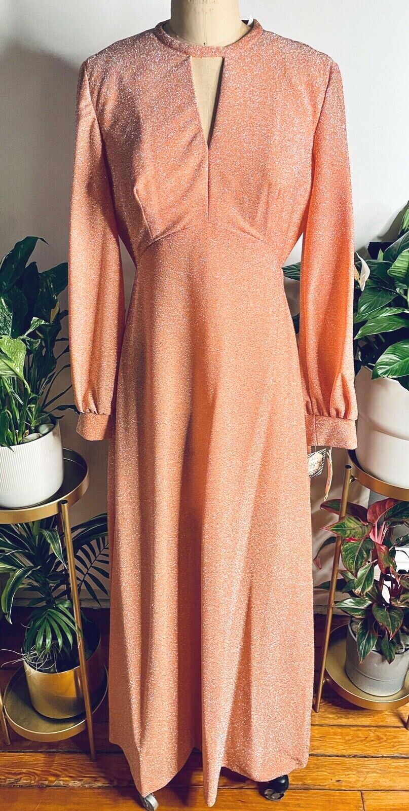 NOS VTG 60’S-70’S JOHN LANE MOD DISCO METALLIC PEACH&SILVER MAXI DRESS *S/M