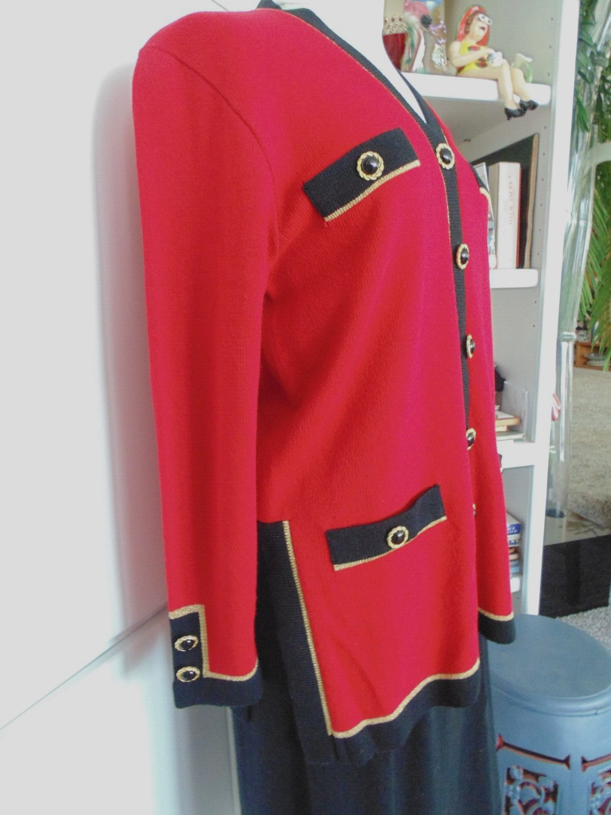Vtg Laura Alyzia Sweater Knit Power Suit Blazer Skirt 2 Pc Set Red Black sz 12