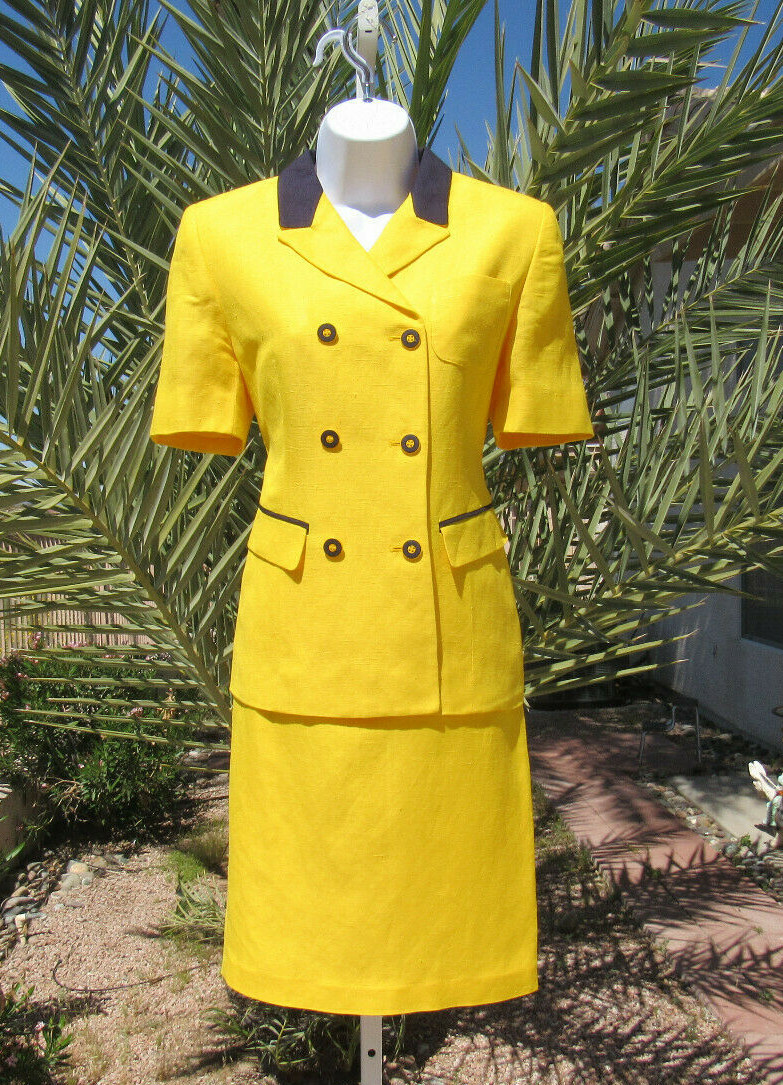 VTG 1980s HARVE BERNARD YELLOW SIZE 4 SKIRT & JACKET SUIT LINEN RAYON BLEND