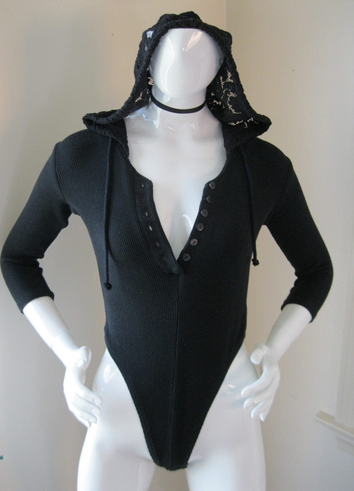 Rare Vintage 90’s Contempo Casuals Top/Bodysuit w/Flower Lace Hood. Thong. Med.