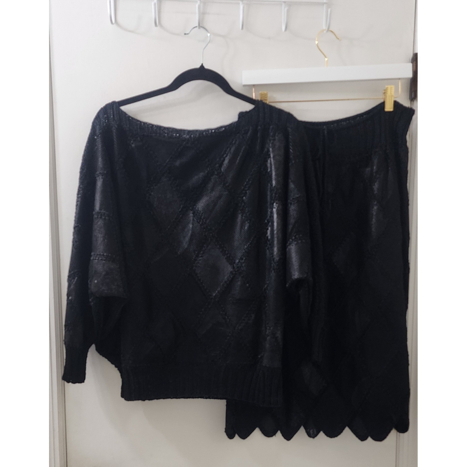 Vintage Black Diamond Knit 2 Piece Set Batwing Top Scalloped Midi Skirt L XL